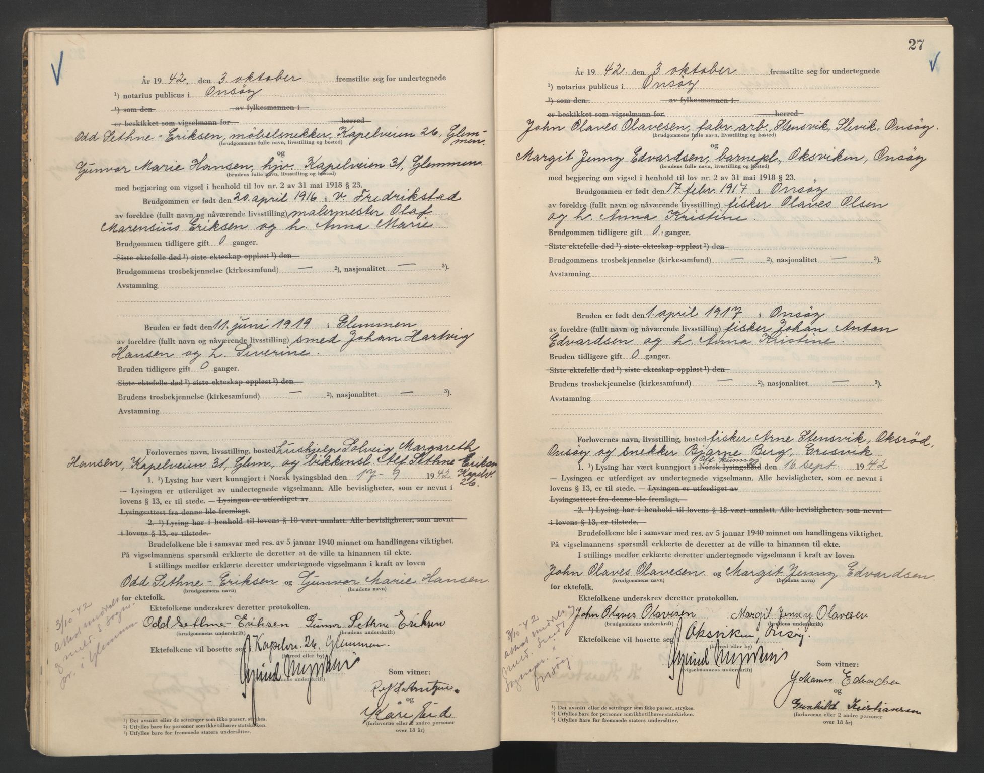 Onsøy sorenskriveri, AV/SAO-A-10474/L/La/L0002: Vigselsbok, 1942-1943, s. 27