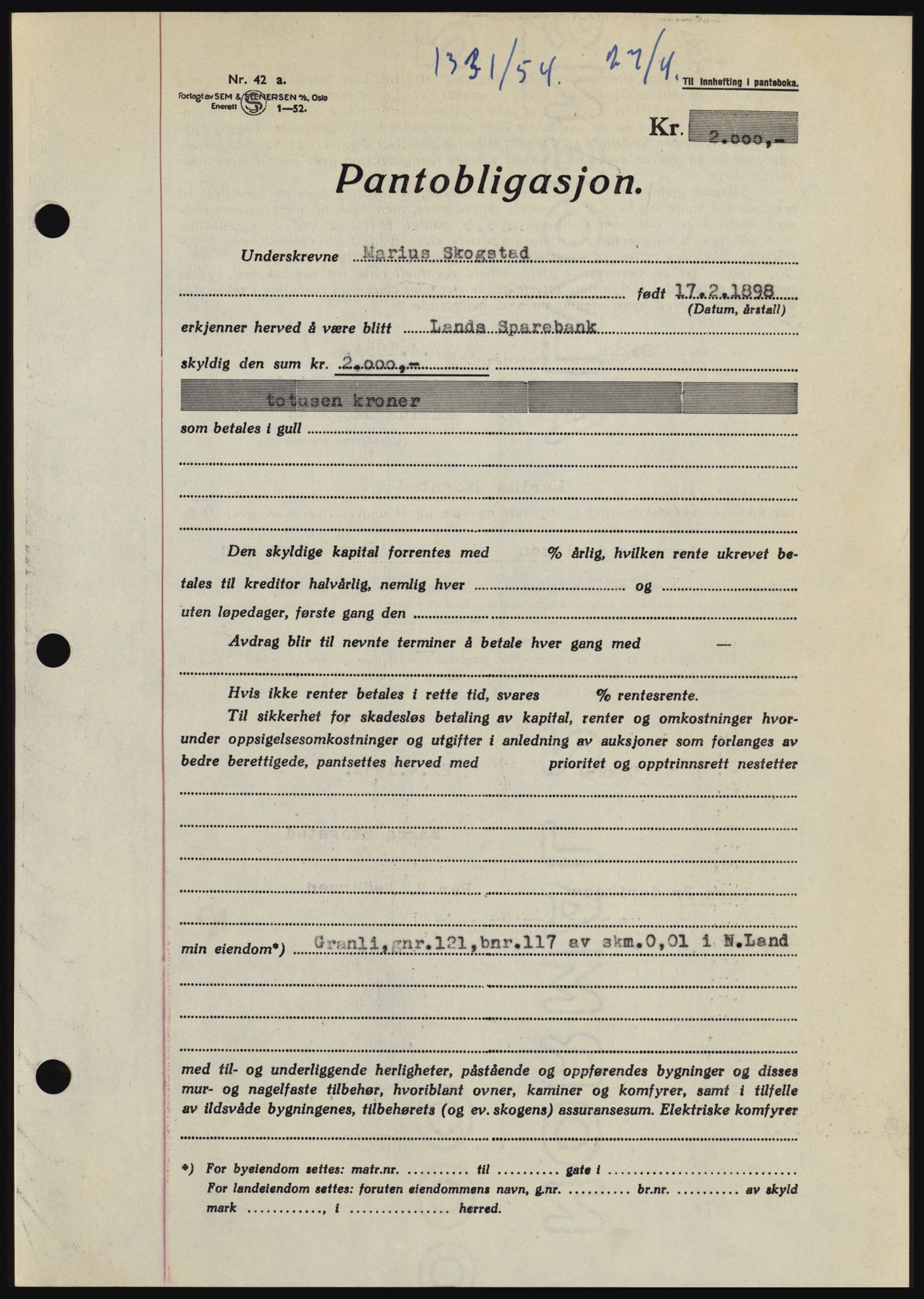 Hadeland og Land tingrett, SAH/TING-010/H/Hb/Hbc/L0029: Pantebok nr. B29, 1954-1954, Dagboknr: 1331/1954