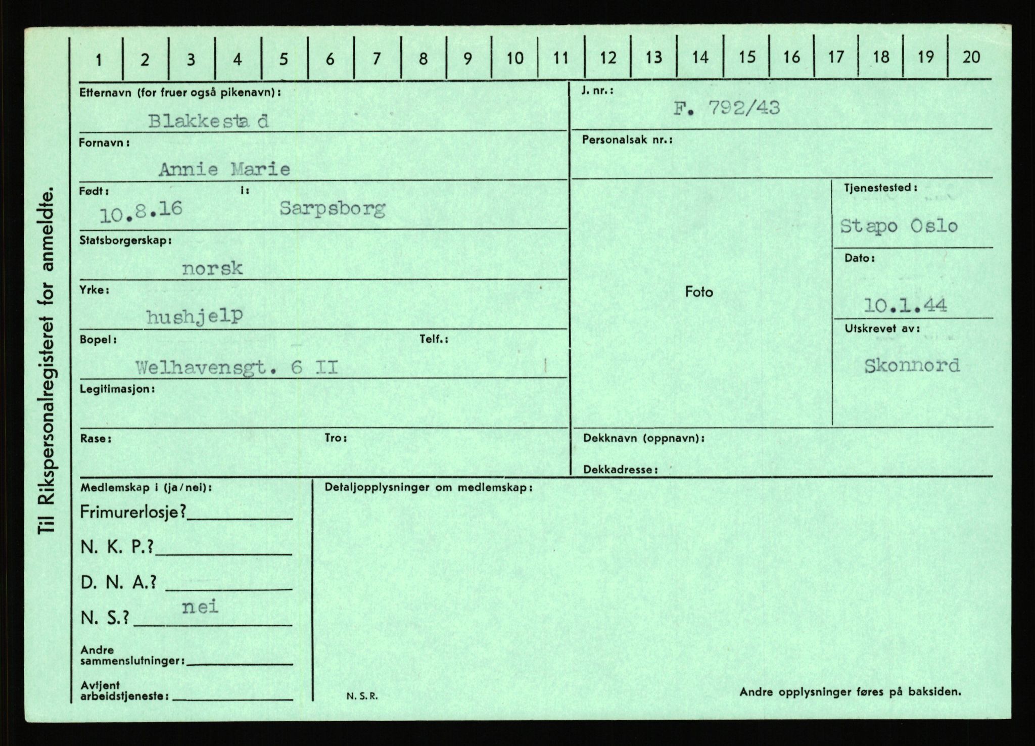 Statspolitiet - Hovedkontoret / Osloavdelingen, AV/RA-S-1329/C/Ca/L0002: Arneberg - Brand, 1943-1945, s. 4192