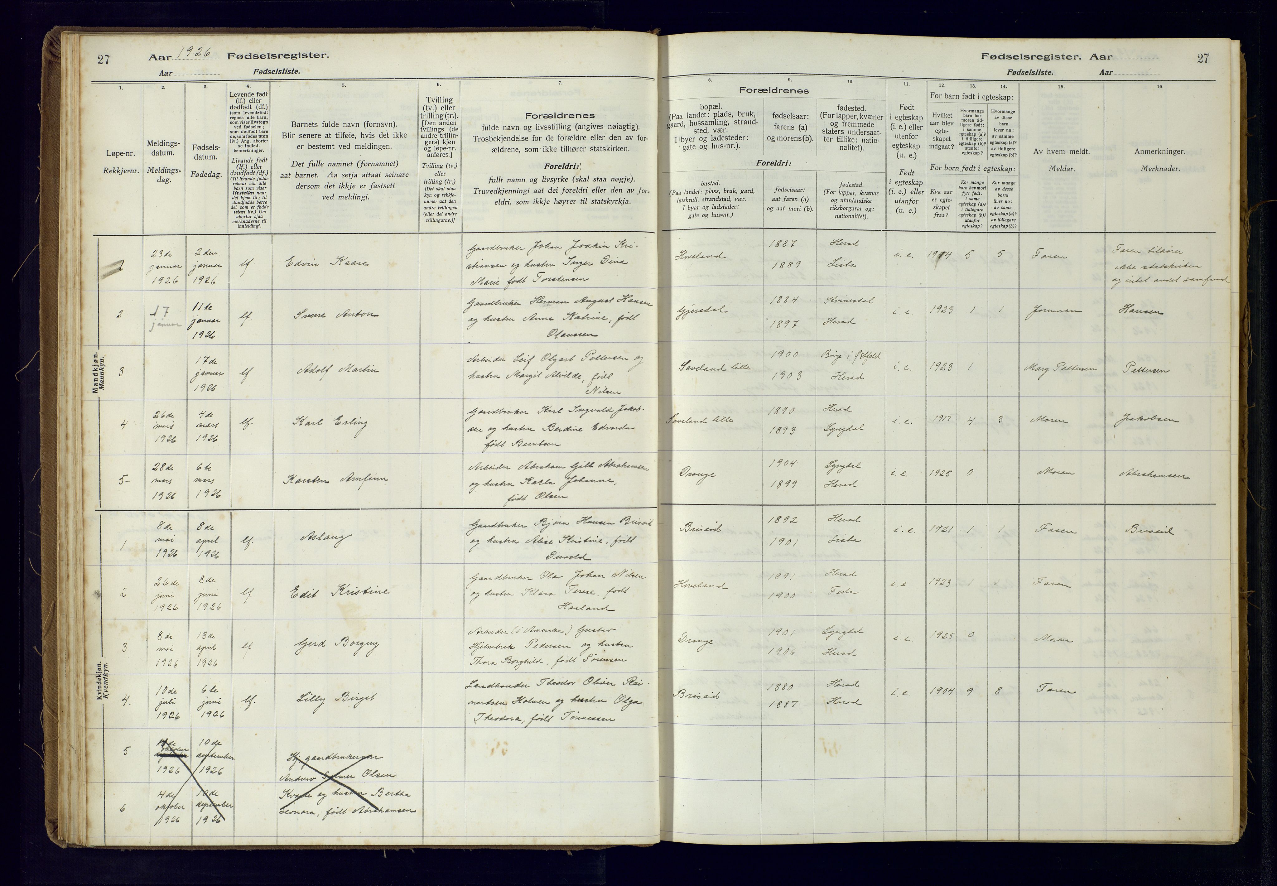 Herad sokneprestkontor, AV/SAK-1111-0018/J/Ja/L0001: Fødselsregister nr. A-VI-12, 1916-1981, s. 27