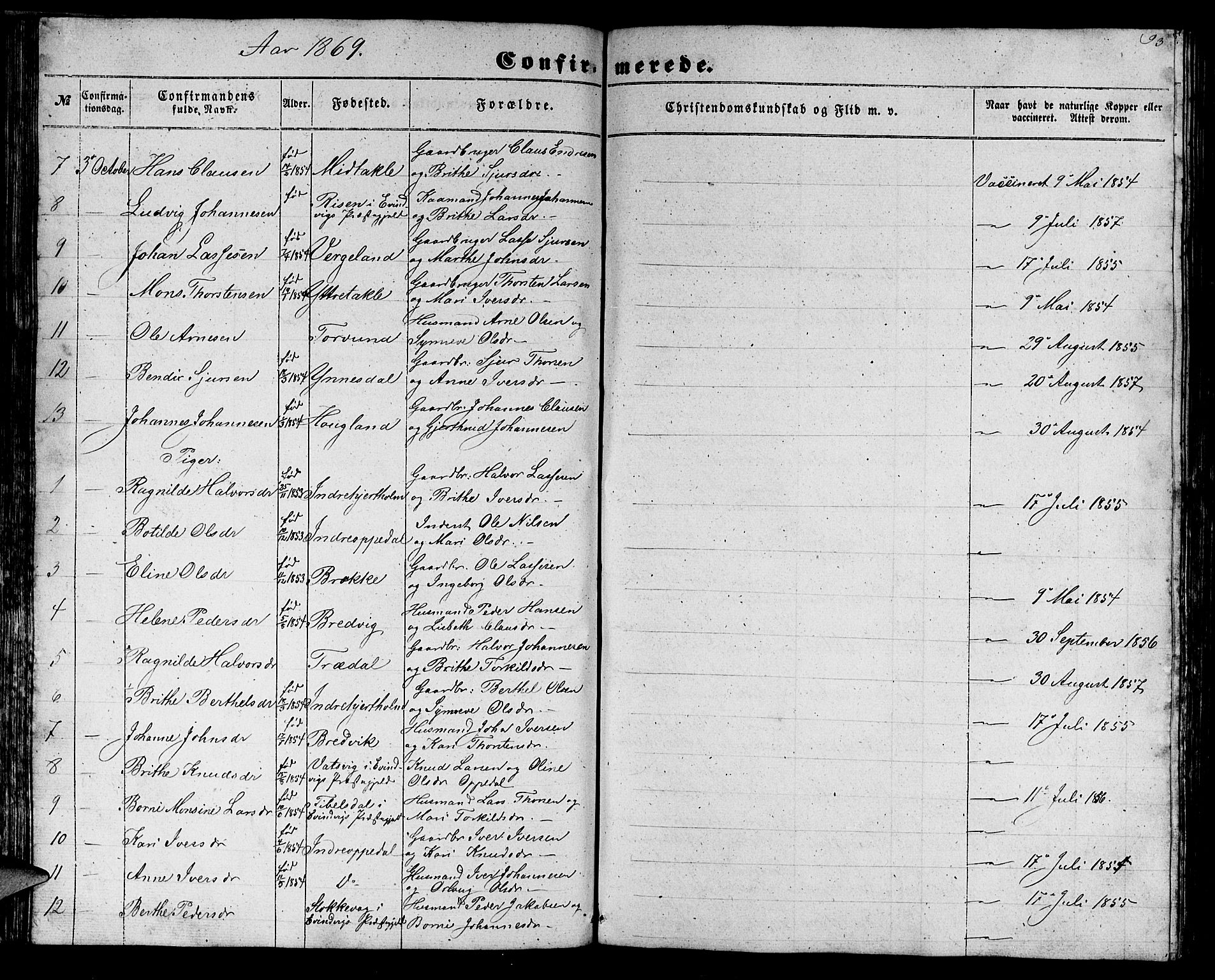 Gulen sokneprestembete, AV/SAB-A-80201/H/Hab/Habc/L0001: Klokkerbok nr. C 1, 1853-1880, s. 93