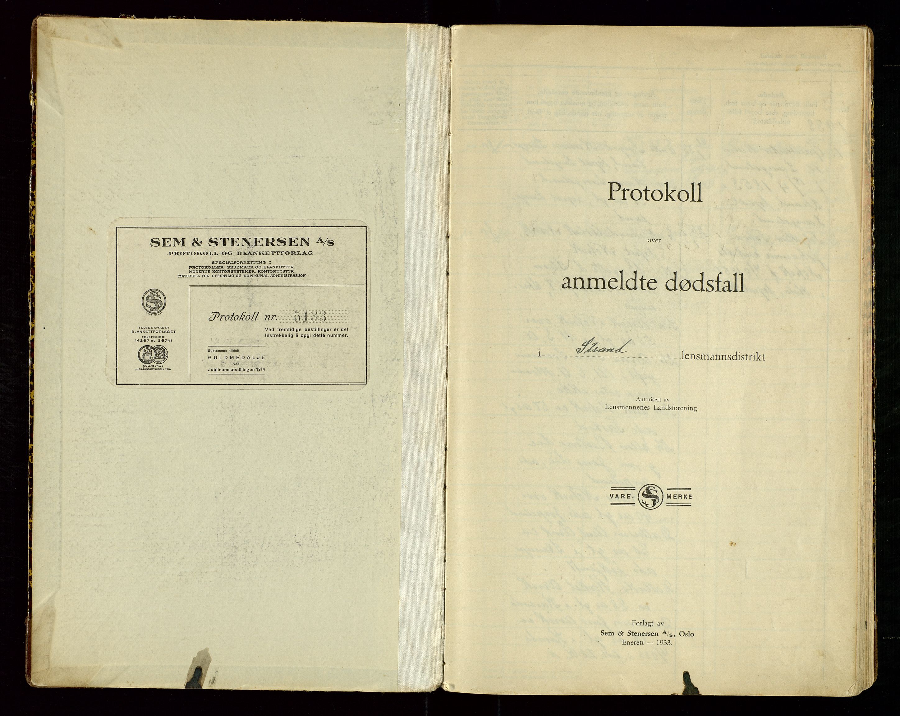 Strand og Forsand lensmannskontor, AV/SAST-A-100451/Gga/L0004: "Protokoll over anmeldte dødsfall", 1933-1943