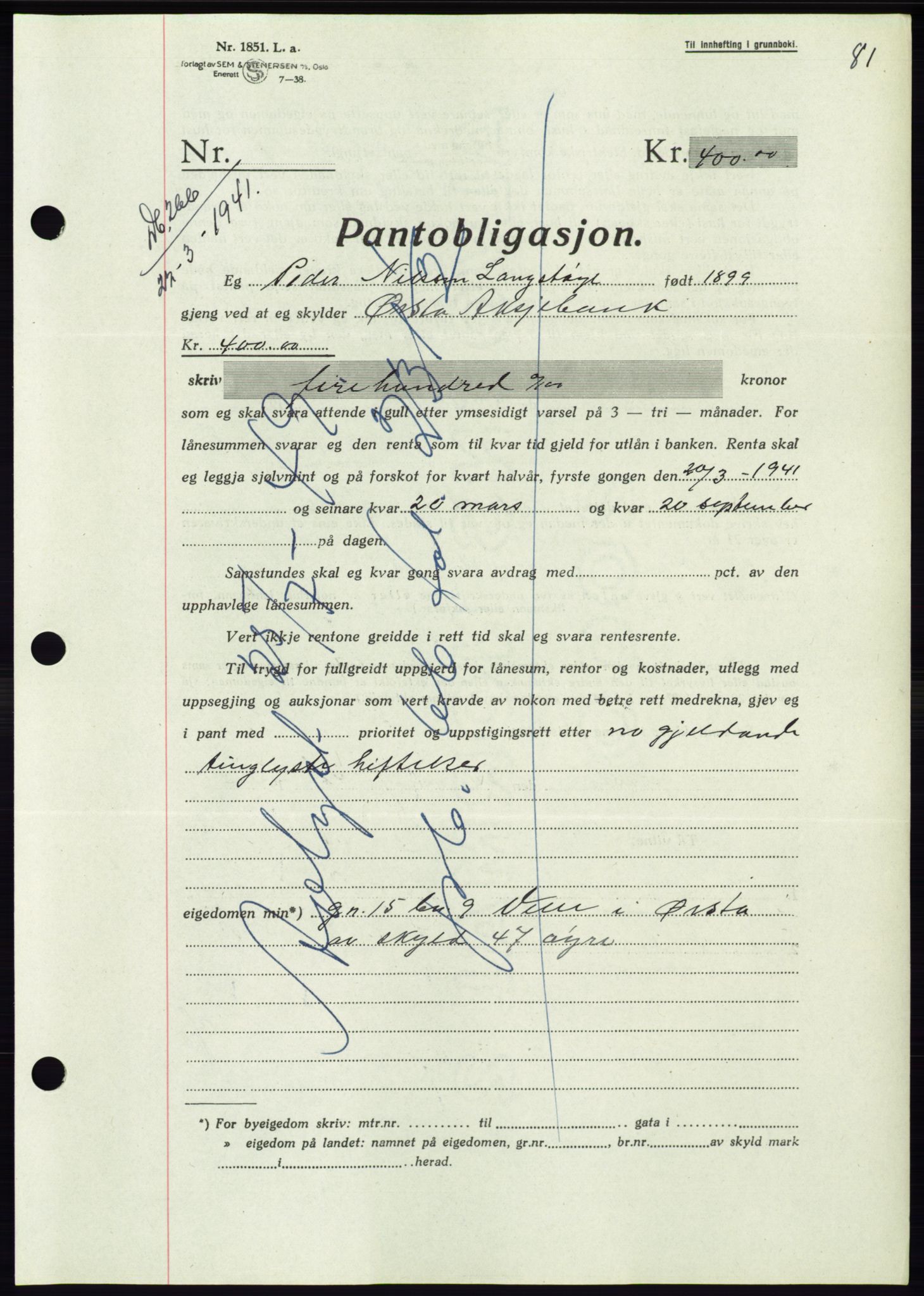 Søre Sunnmøre sorenskriveri, AV/SAT-A-4122/1/2/2C/L0071: Pantebok nr. 65, 1941-1941, Dagboknr: 266/1941