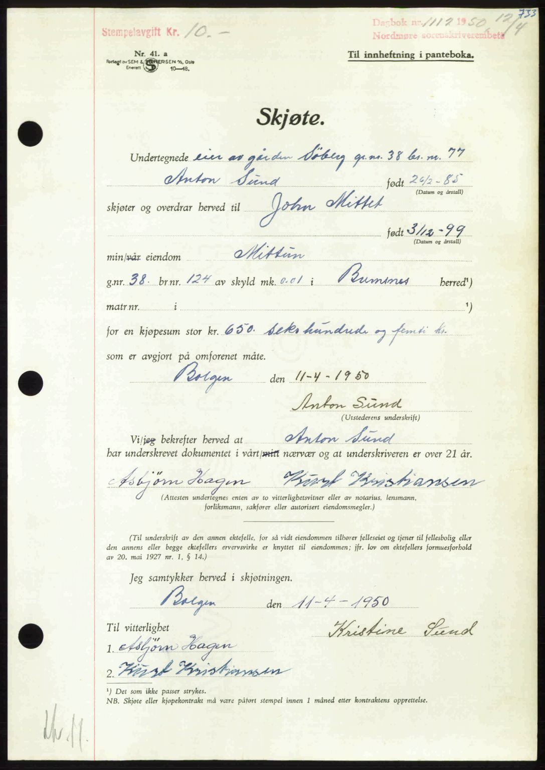 Nordmøre sorenskriveri, AV/SAT-A-4132/1/2/2Ca: Pantebok nr. A114, 1950-1950, Dagboknr: 1112/1950