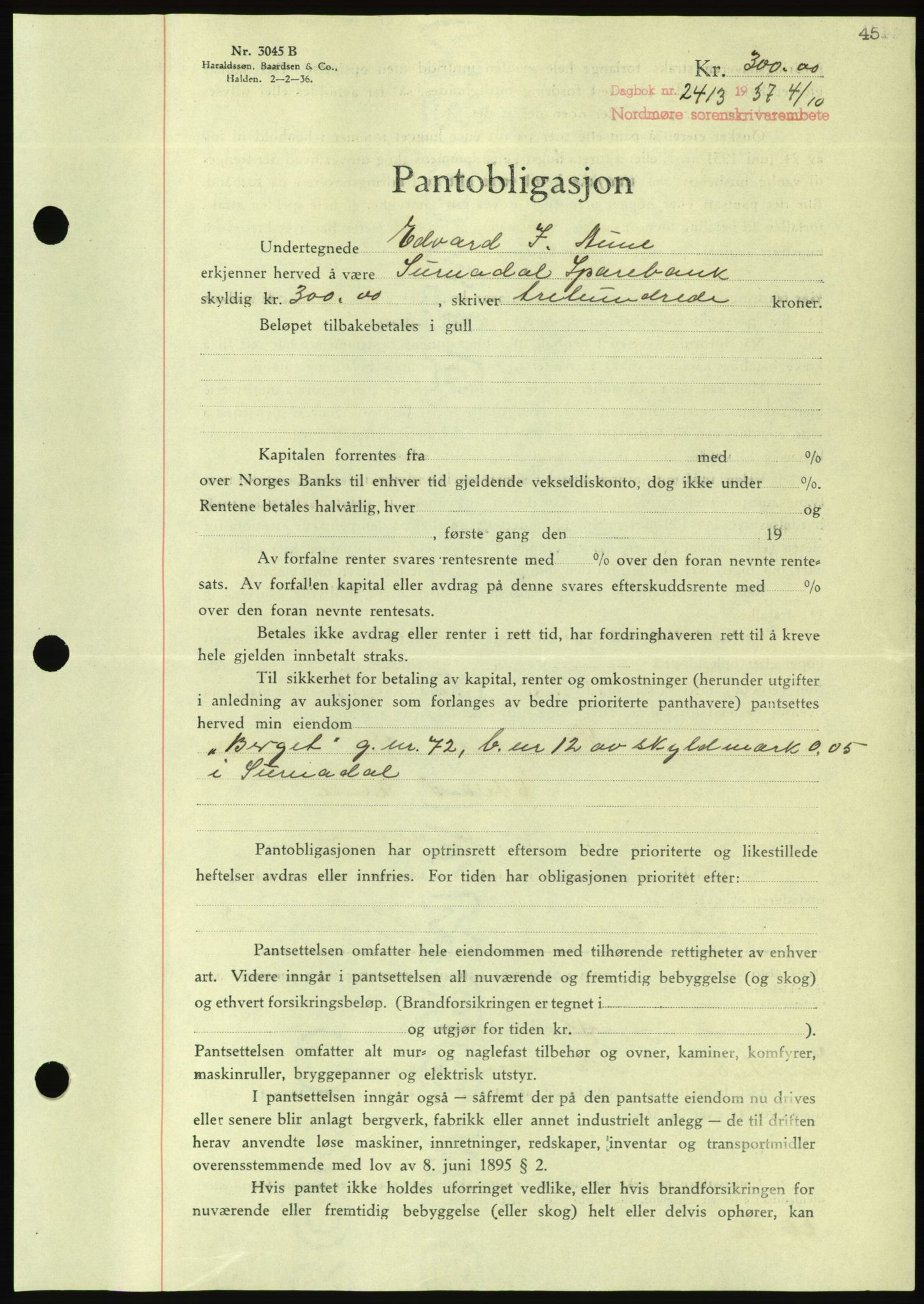 Nordmøre sorenskriveri, AV/SAT-A-4132/1/2/2Ca/L0092: Pantebok nr. B82, 1937-1938, Dagboknr: 2413/1937