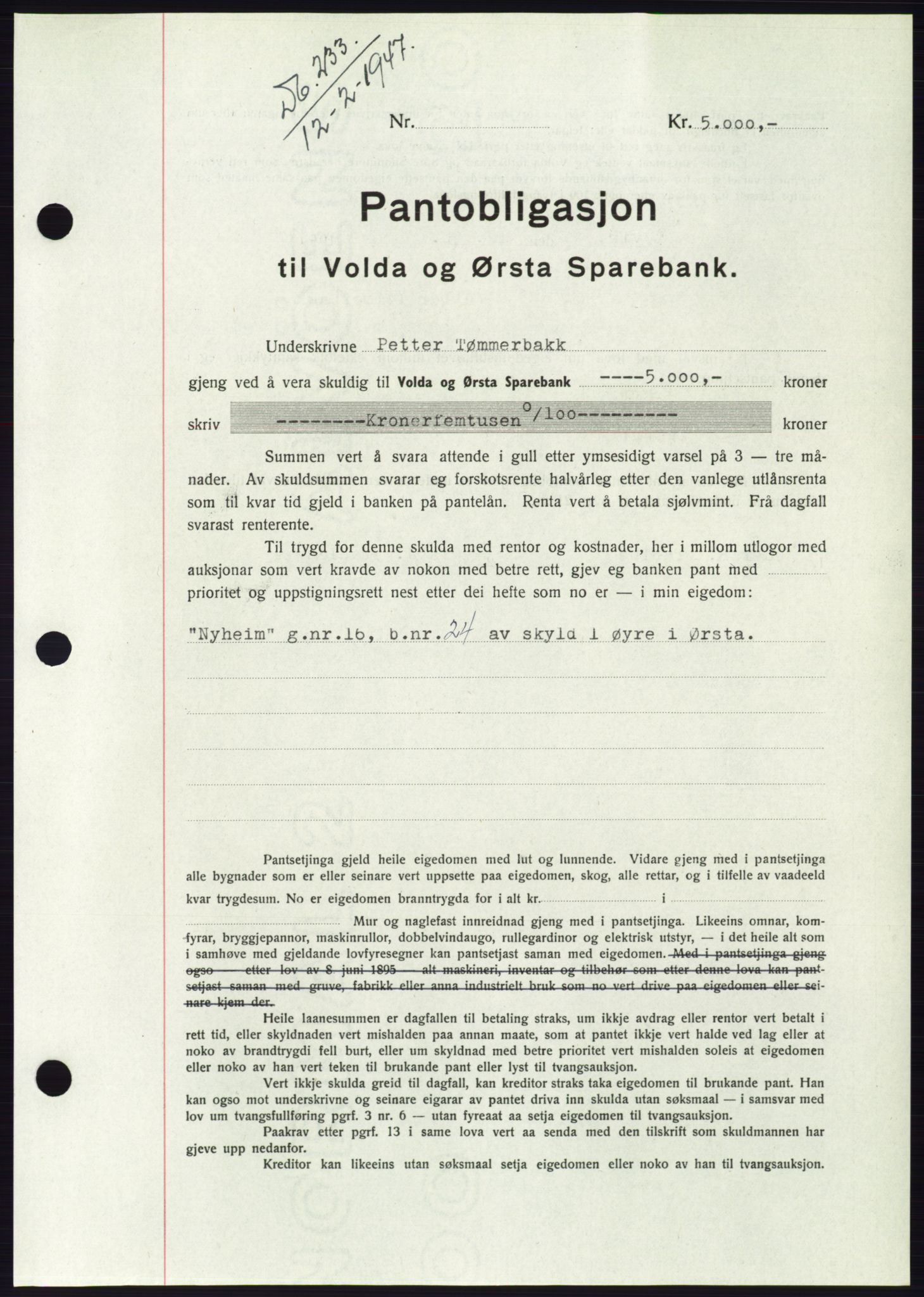 Søre Sunnmøre sorenskriveri, AV/SAT-A-4122/1/2/2C/L0114: Pantebok nr. 1-2B, 1943-1947, Dagboknr: 233/1947