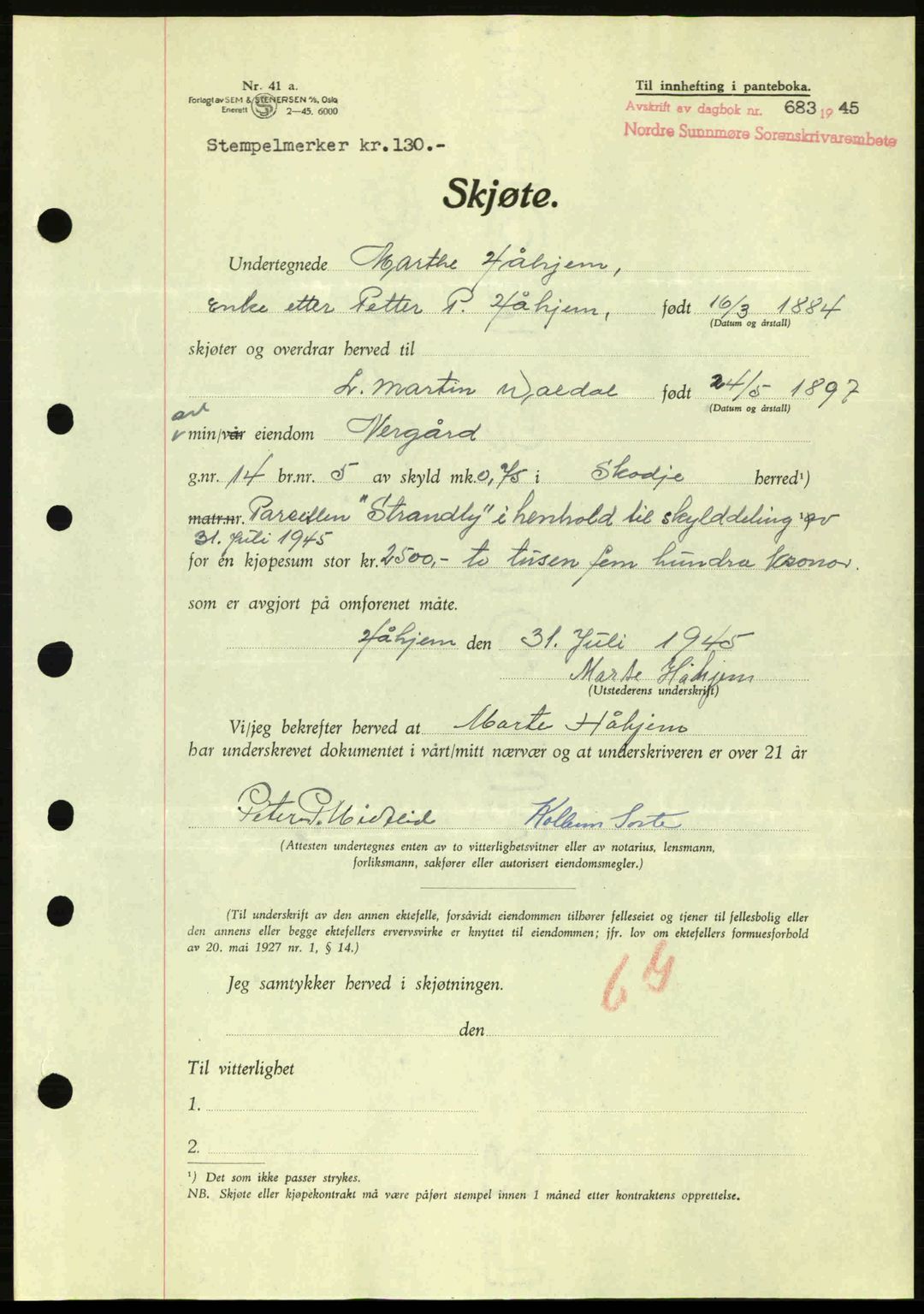 Nordre Sunnmøre sorenskriveri, AV/SAT-A-0006/1/2/2C/2Ca: Pantebok nr. A20a, 1945-1945, Dagboknr: 683/1945