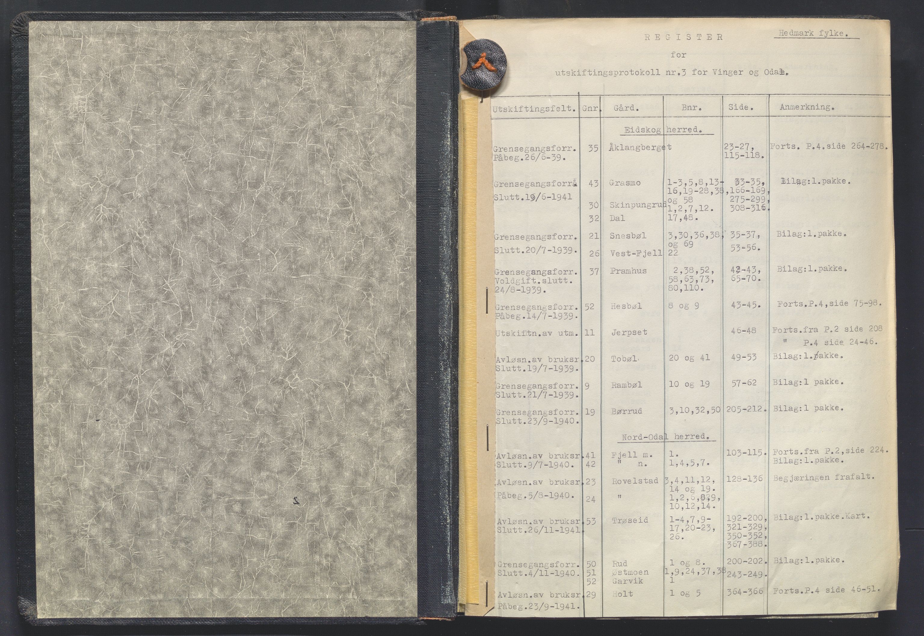 Glåmdal jordskifterett, AV/SAH-JORDSKIFTEH-003/G/Ga/L0002/0001: Rettsbøker / Rettsbok - nr. 3, 1938-1941