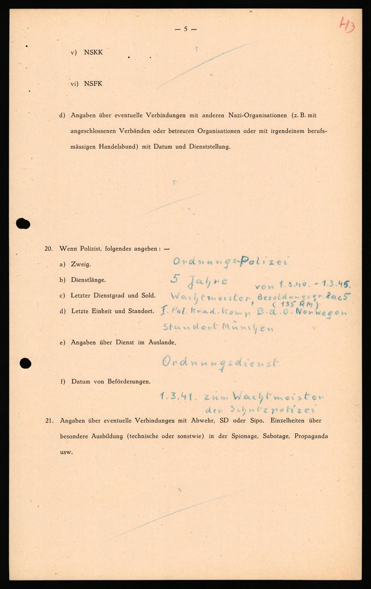 Forsvaret, Forsvarets overkommando II, AV/RA-RAFA-3915/D/Db/L0039: CI Questionaires. Tyske okkupasjonsstyrker i Norge. Østerrikere., 1945-1946, s. 99