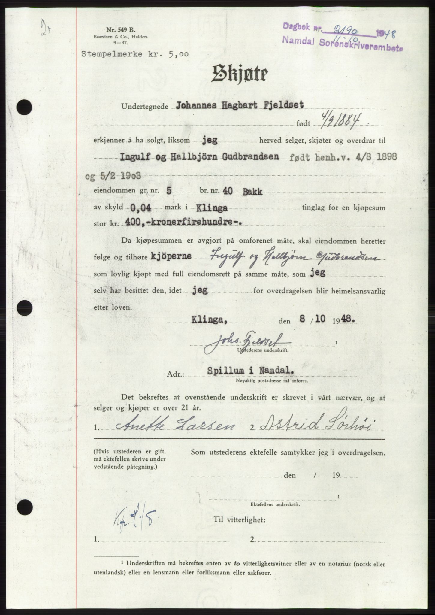 Namdal sorenskriveri, SAT/A-4133/1/2/2C: Pantebok nr. -, 1948-1948, Dagboknr: 2190/1948