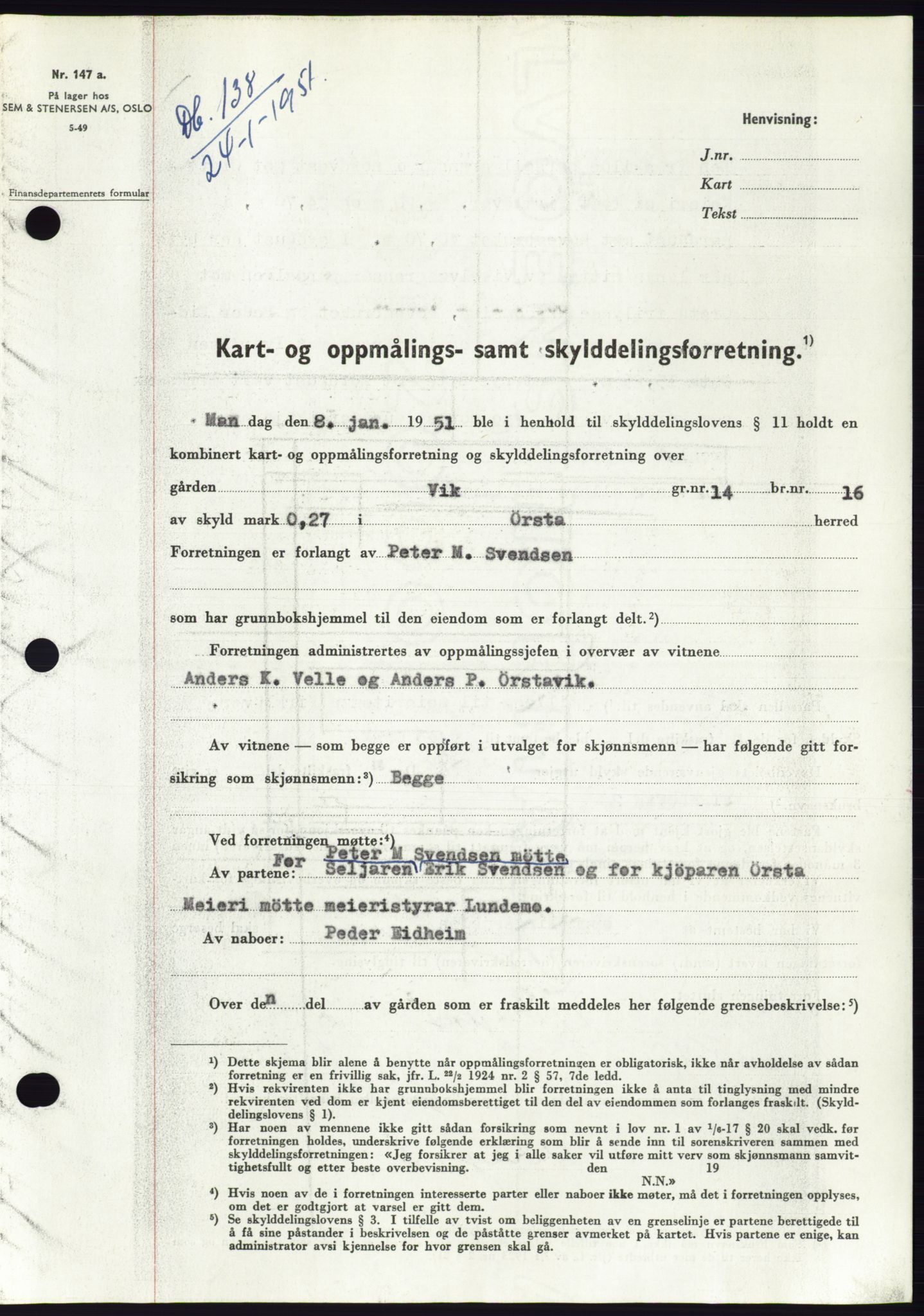 Søre Sunnmøre sorenskriveri, SAT/A-4122/1/2/2C/L0088: Pantebok nr. 14A, 1950-1951, Dagboknr: 138/1951