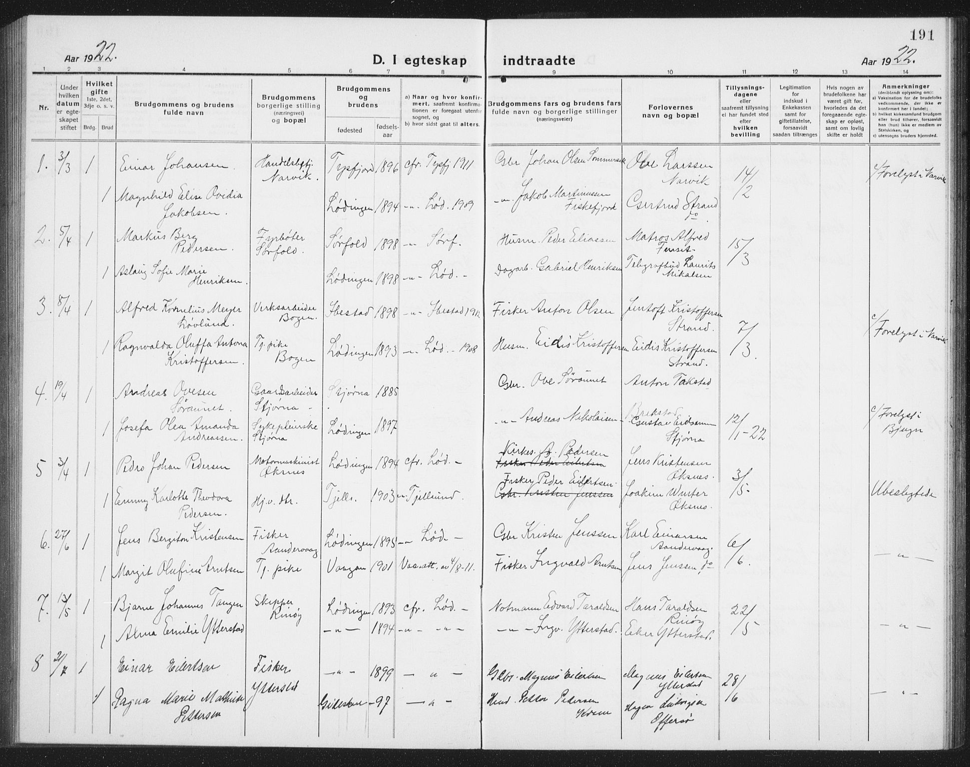 Ministerialprotokoller, klokkerbøker og fødselsregistre - Nordland, SAT/A-1459/872/L1049: Klokkerbok nr. 872C05, 1920-1938, s. 191