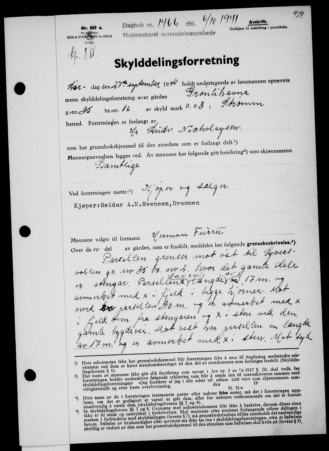 Holmestrand sorenskriveri, SAKO/A-67/G/Ga/Gaa/L0053: Pantebok nr. A-53, 1941-1941, Dagboknr: 1466/1941
