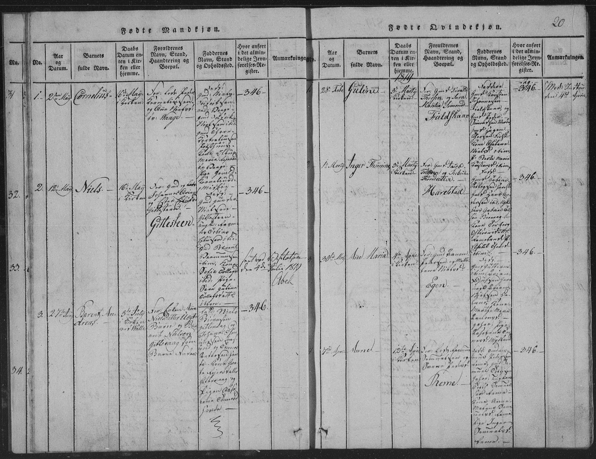 Sør-Audnedal sokneprestkontor, AV/SAK-1111-0039/F/Fb/Fba/L0001: Klokkerbok nr. B 1, 1815-1850, s. 20