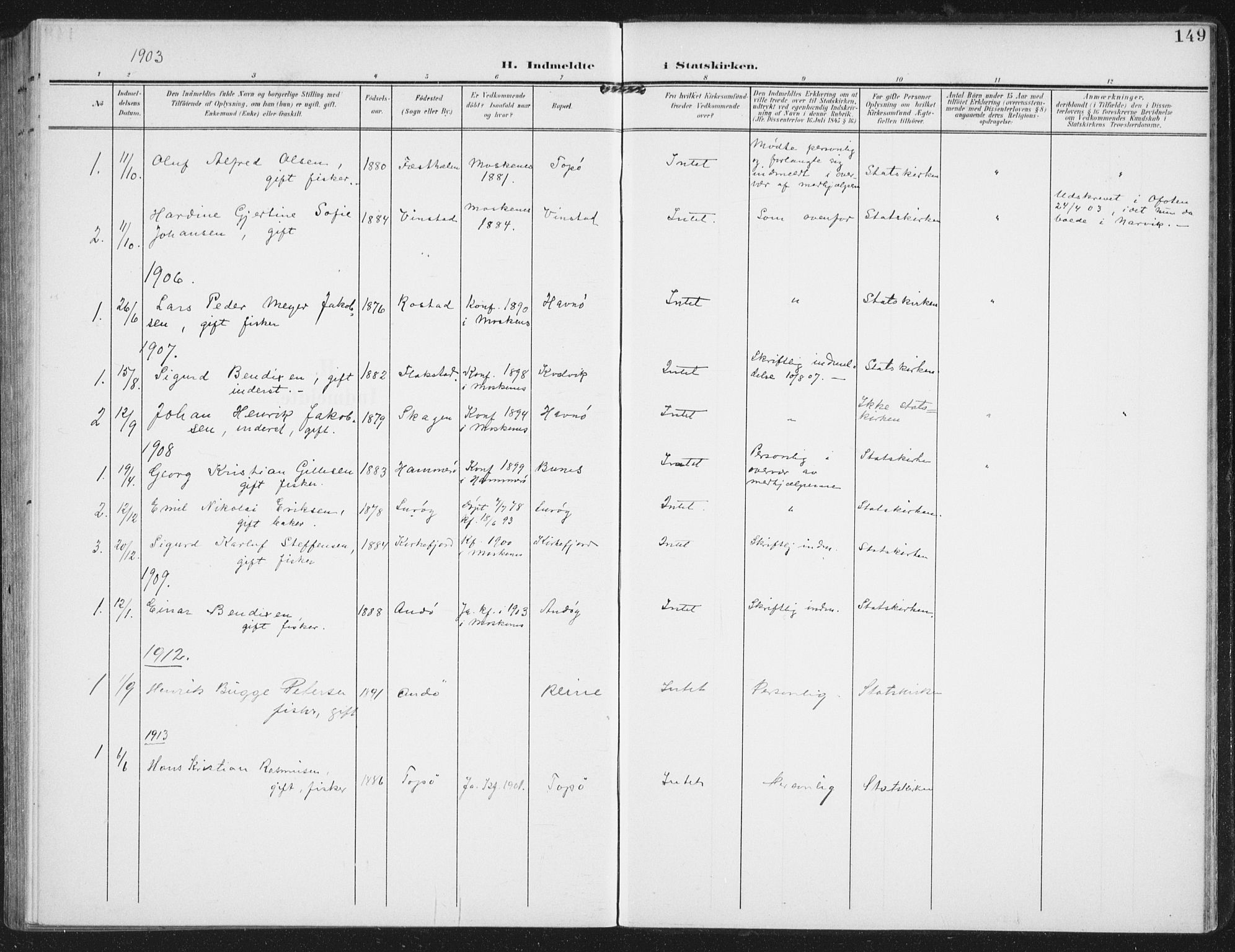 Ministerialprotokoller, klokkerbøker og fødselsregistre - Nordland, AV/SAT-A-1459/886/L1221: Ministerialbok nr. 886A03, 1903-1913, s. 149