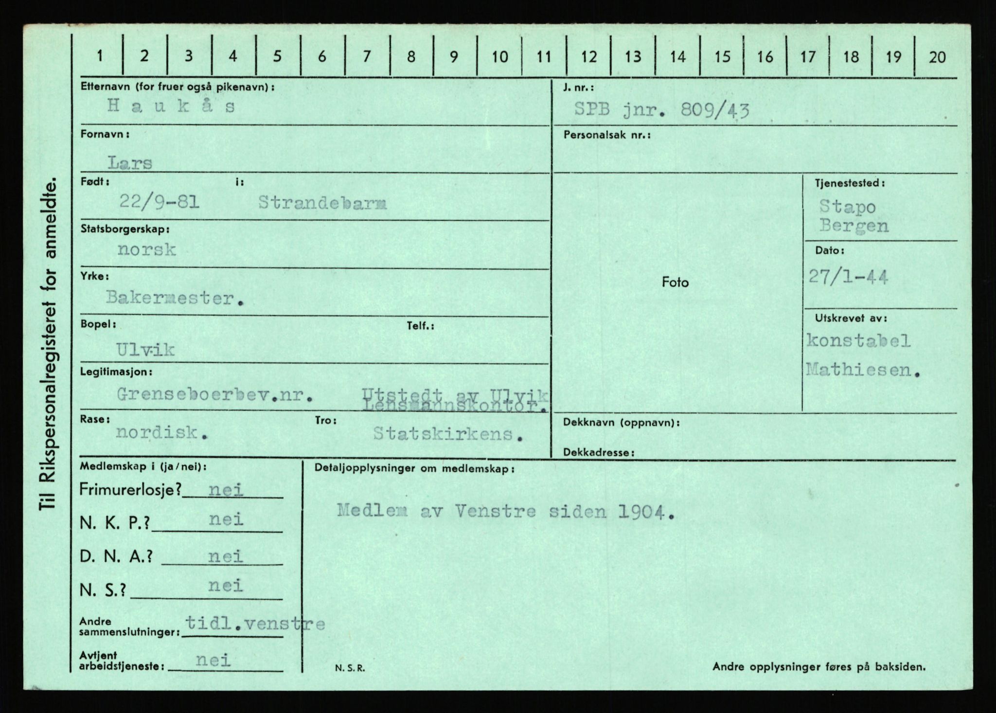 Statspolitiet - Hovedkontoret / Osloavdelingen, AV/RA-S-1329/C/Ca/L0006: Hanche - Hokstvedt, 1943-1945, s. 2727