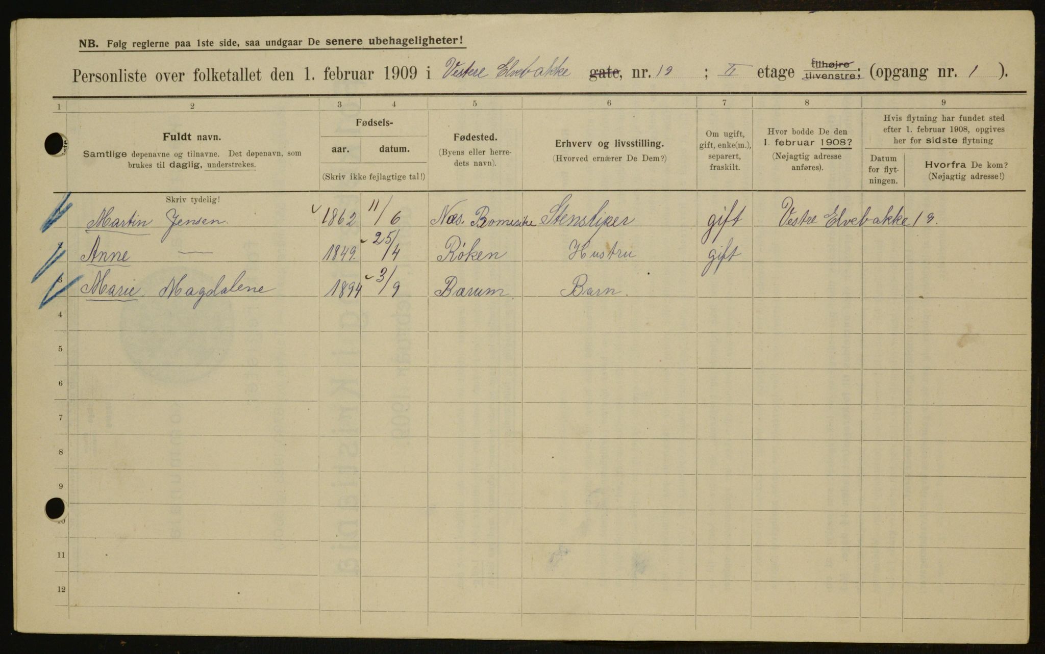 OBA, Kommunal folketelling 1.2.1909 for Kristiania kjøpstad, 1909, s. 111174