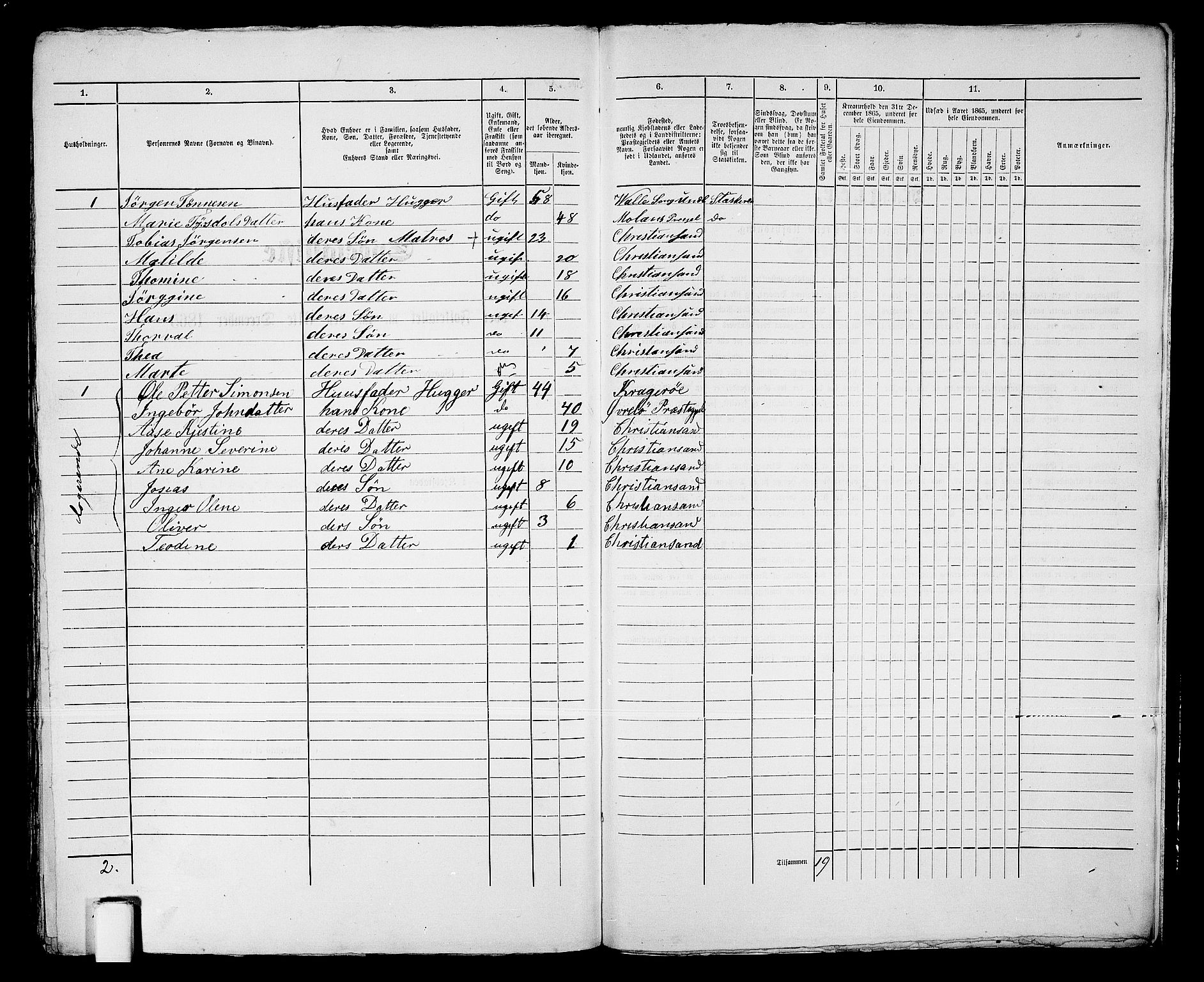 RA, Folketelling 1865 for 1001P Kristiansand prestegjeld, 1865, s. 1019