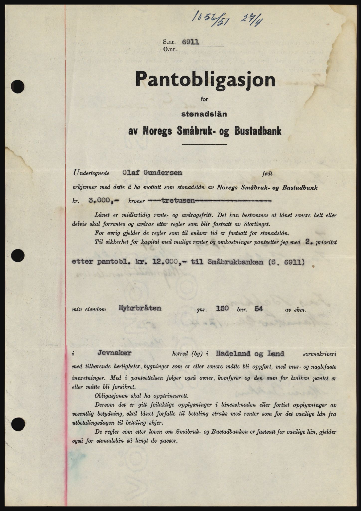 Hadeland og Land tingrett, SAH/TING-010/H/Hb/Hbc/L0021: Pantebok nr. B21, 1951-1951, Dagboknr: 1056/1951