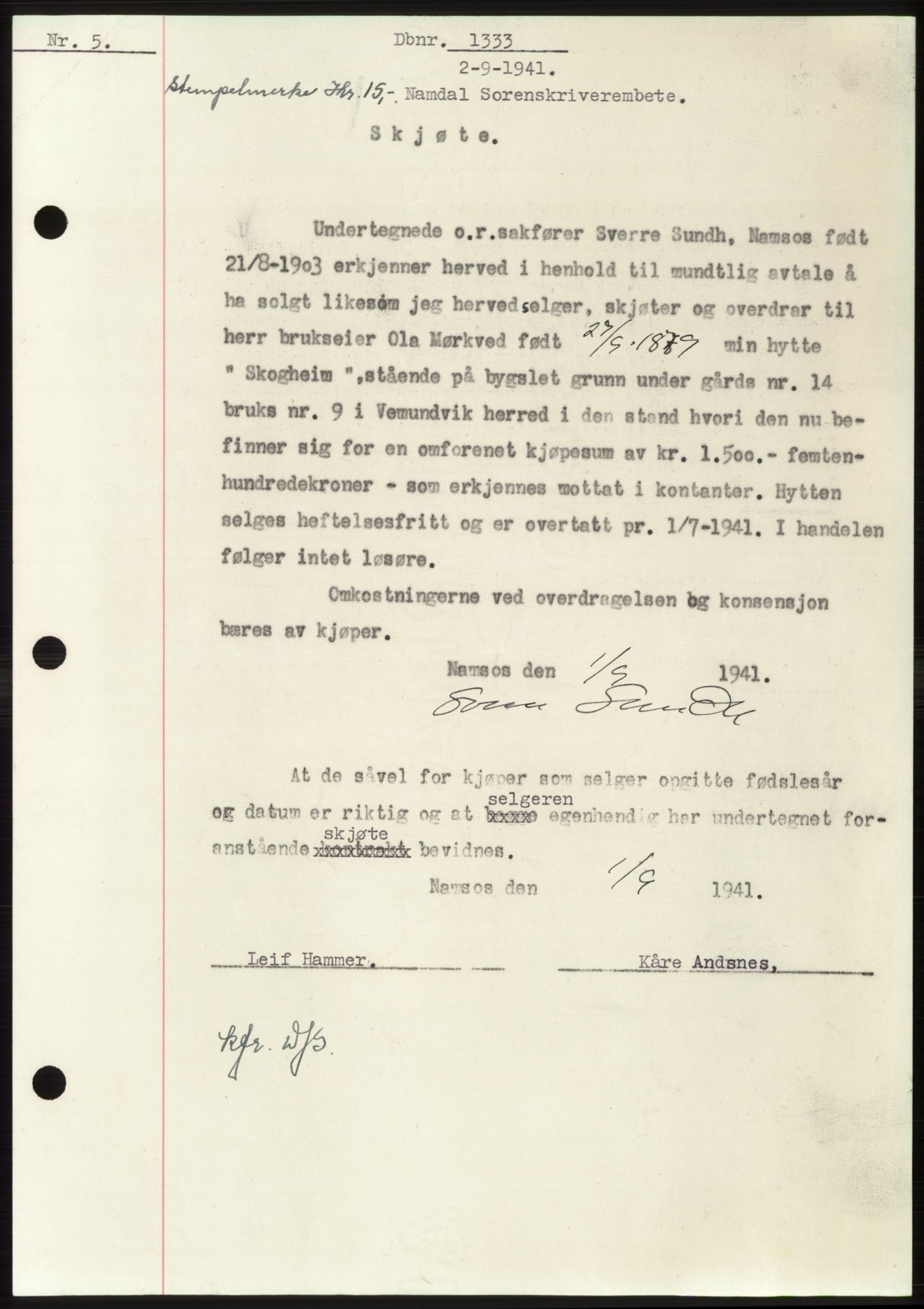 Namdal sorenskriveri, SAT/A-4133/1/2/2C: Pantebok nr. -, 1941-1942, Dagboknr: 1333/1941