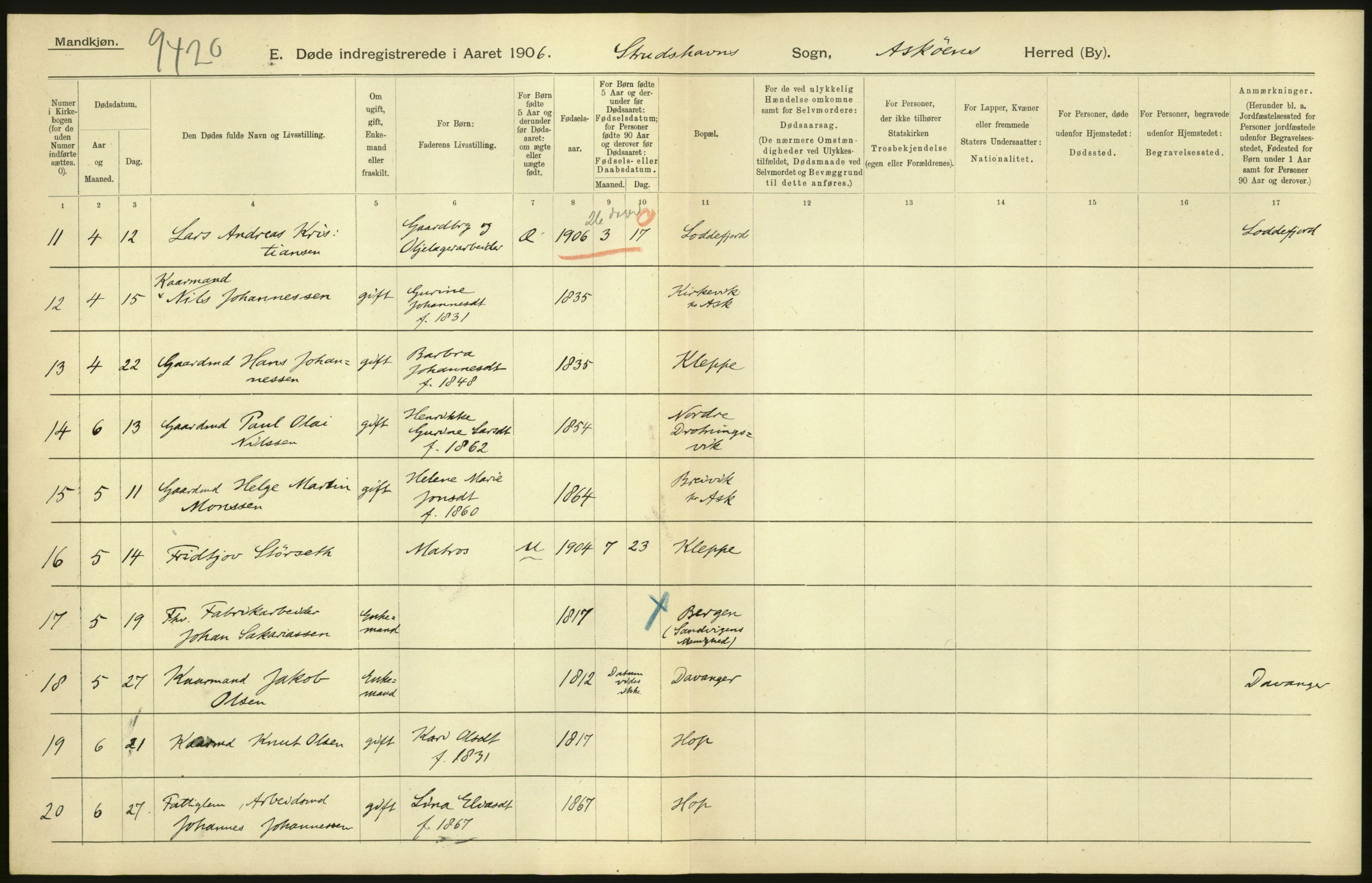 Statistisk sentralbyrå, Sosiodemografiske emner, Befolkning, AV/RA-S-2228/D/Df/Dfa/Dfad/L0030: S. Bergenhus amt: Døde. Bygder., 1906, s. 154
