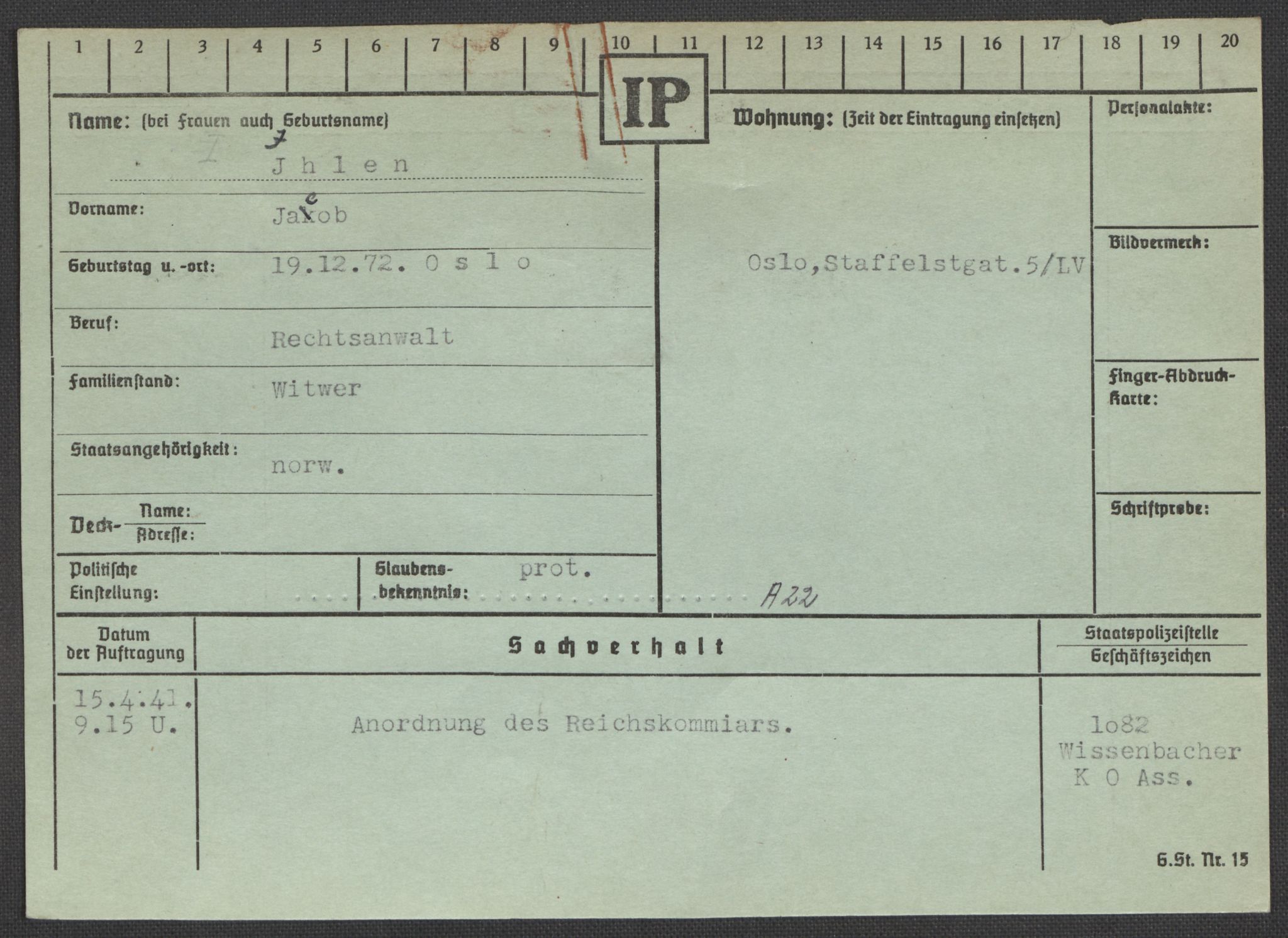 Befehlshaber der Sicherheitspolizei und des SD, RA/RAFA-5969/E/Ea/Eaa/L0005: Register over norske fanger i Møllergata 19: Hø-Kj, 1940-1945, s. 116