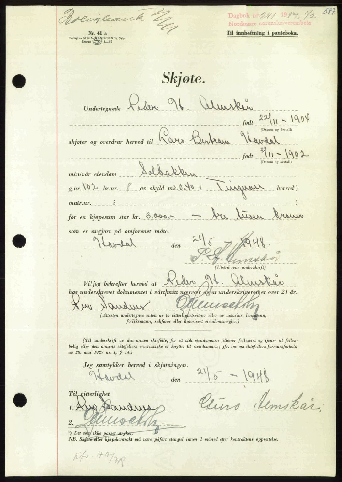 Nordmøre sorenskriveri, AV/SAT-A-4132/1/2/2Ca: Pantebok nr. A110, 1948-1949, Dagboknr: 241/1949