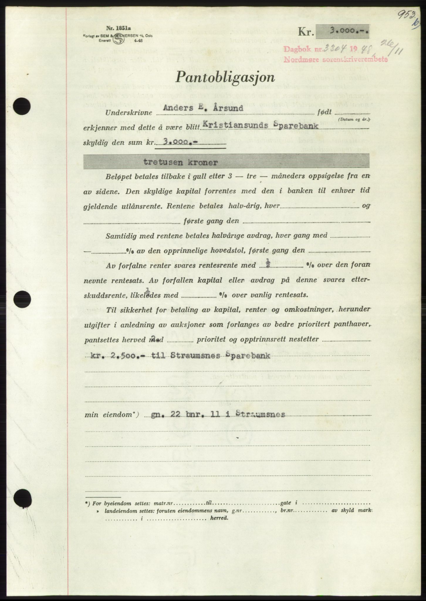 Nordmøre sorenskriveri, AV/SAT-A-4132/1/2/2Ca: Pantebok nr. B100, 1948-1949, Dagboknr: 3304/1948