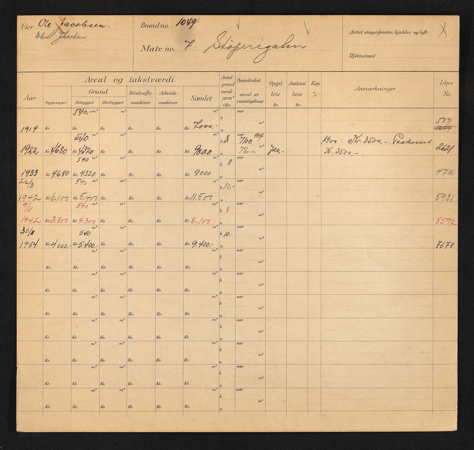 Stavanger kommune. Skattetakstvesenet, BYST/A-0440/F/Fa/Faa/L0041/0004: Skattetakstkort / Støperigata 2 - Suldalsgata 29