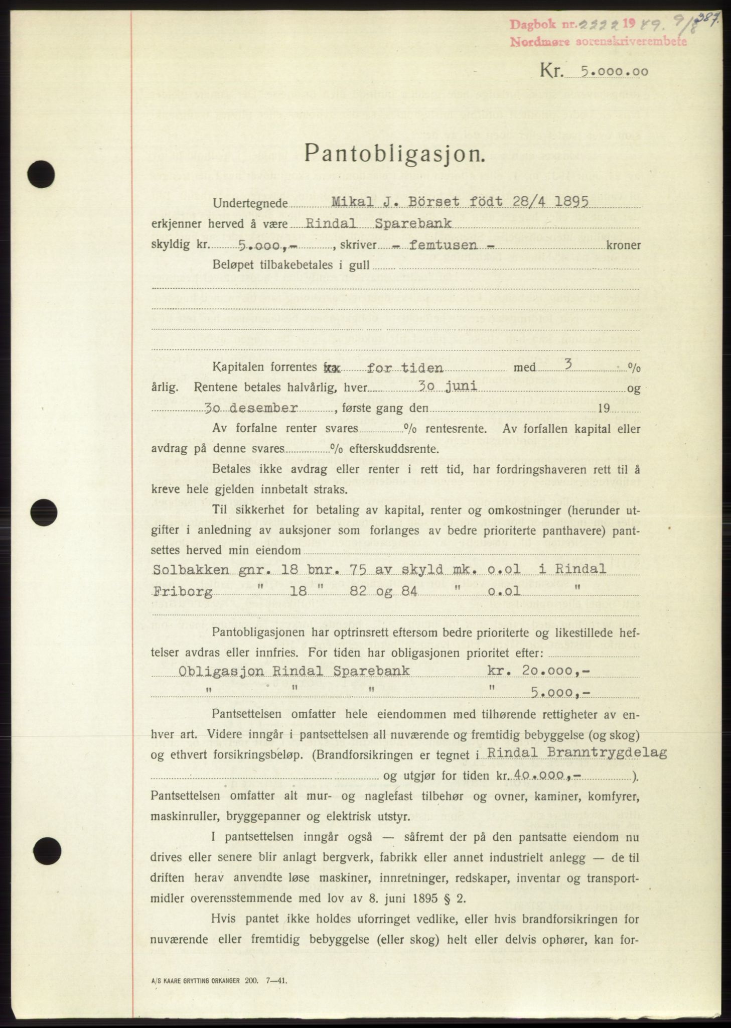 Nordmøre sorenskriveri, SAT/A-4132/1/2/2Ca: Pantebok nr. B102, 1949-1949, Dagboknr: 2222/1949