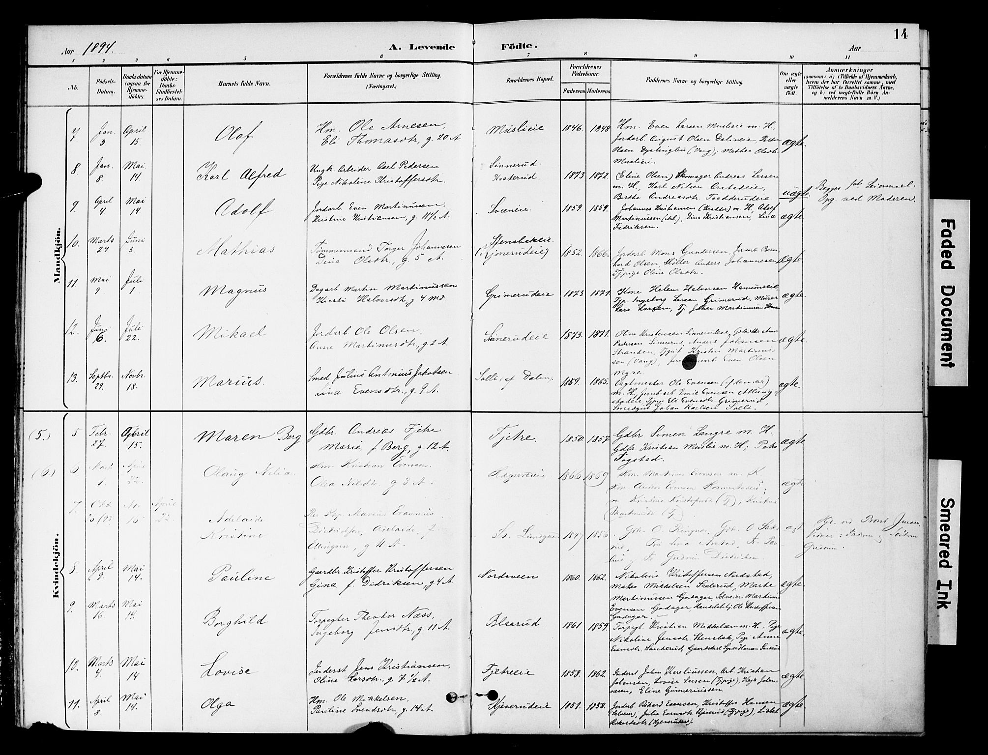 Stange prestekontor, AV/SAH-PREST-002/K/L0021: Ministerialbok nr. 21, 1891-1902, s. 14