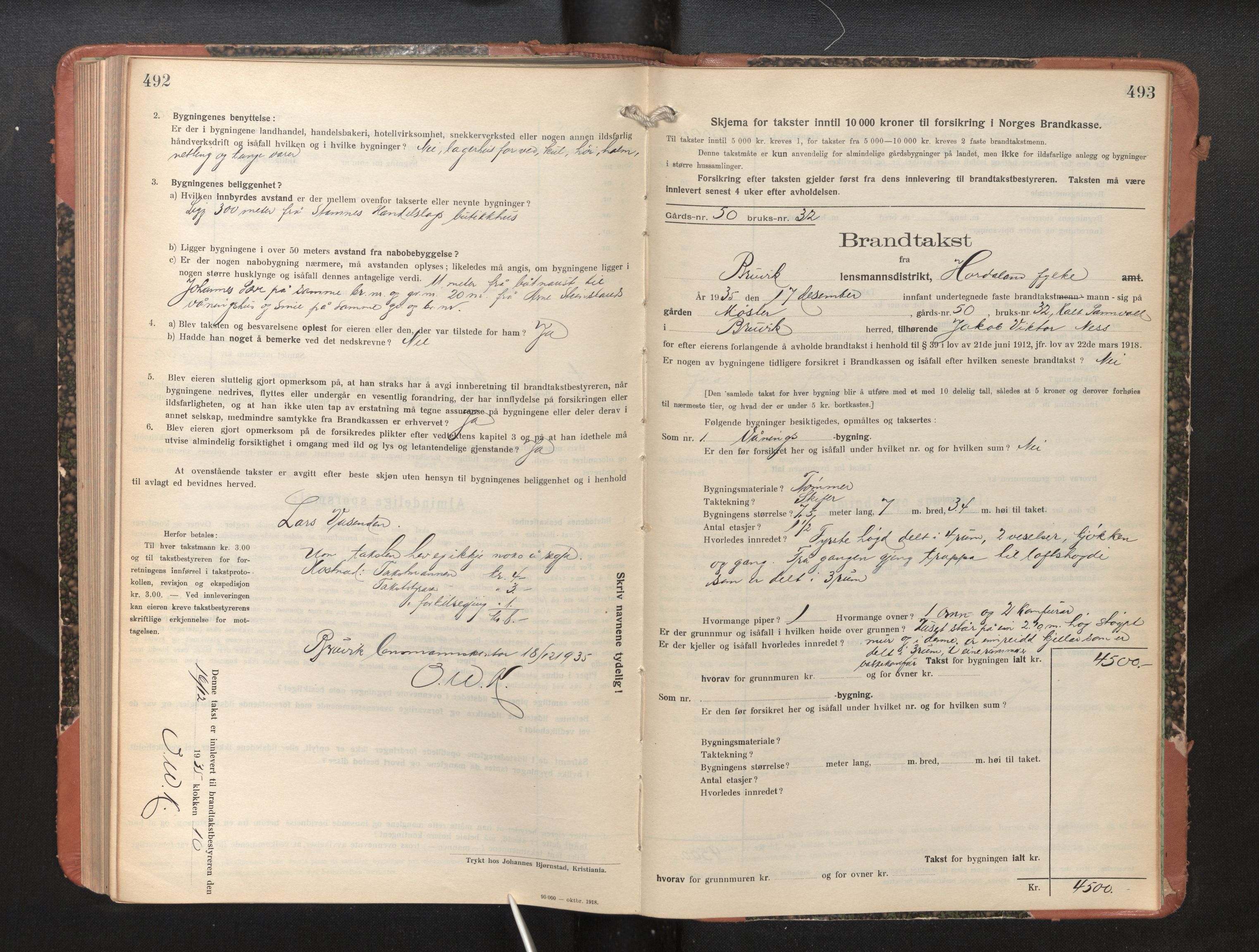 Lensmannen i Bruvik, SAB/A-31301/0012/L0010: Branntakstprotokoll, skjematakst, 1925-1936, s. 492-493