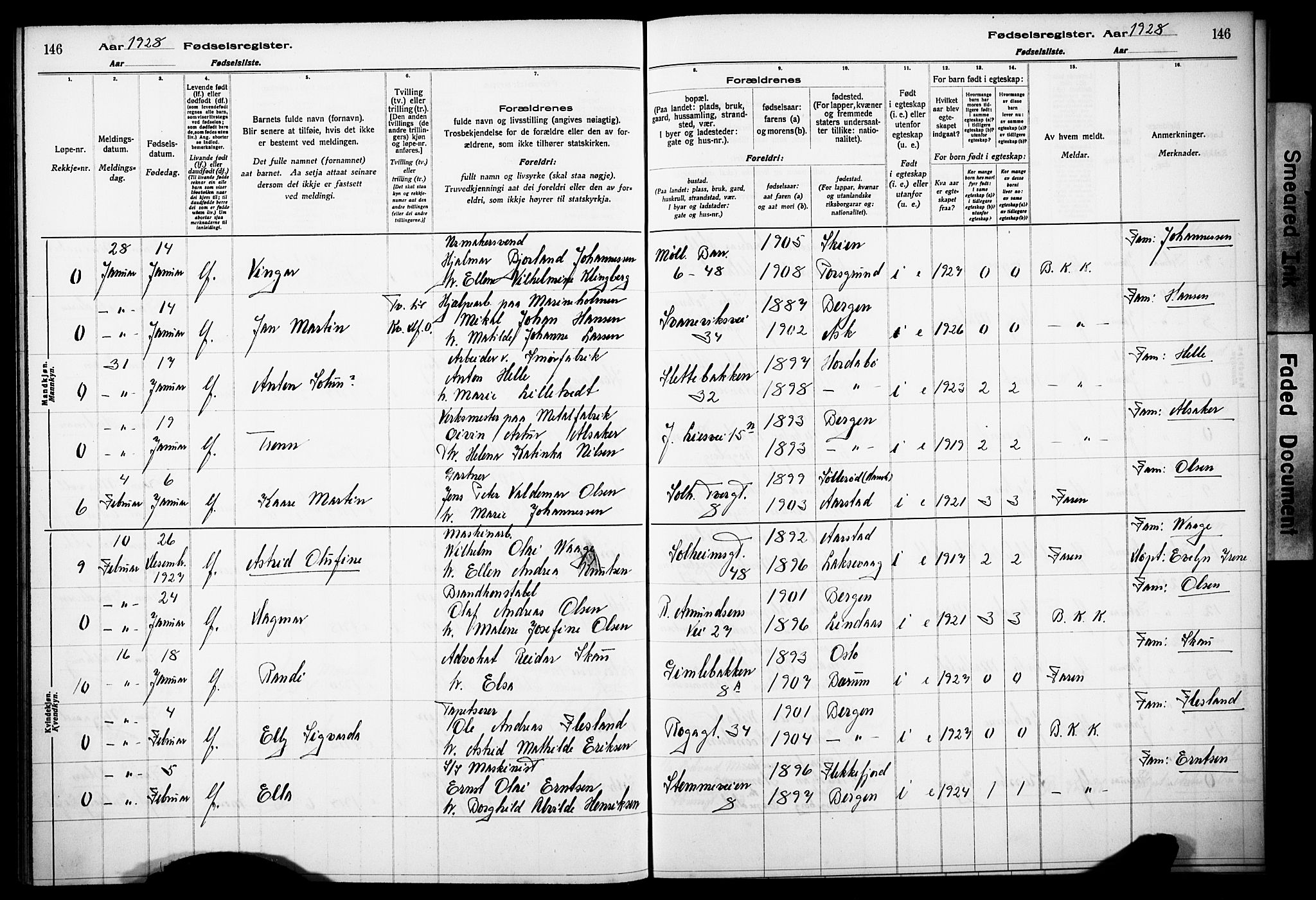 Årstad Sokneprestembete, AV/SAB-A-79301/I/Id/L0A03: Fødselsregister nr. A 3, 1924-1929, s. 146