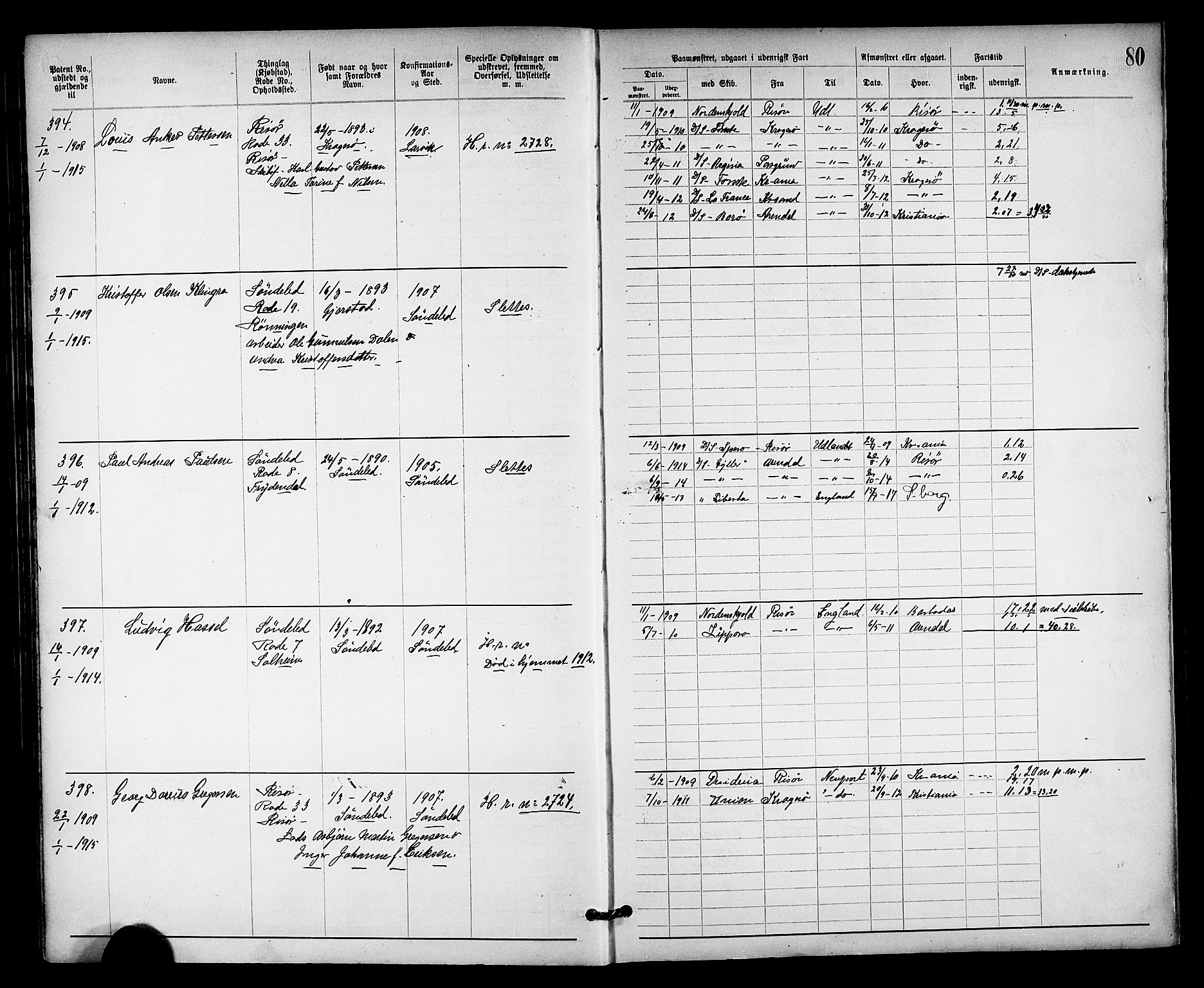 Risør mønstringskrets, SAK/2031-0010/F/Fa/L0004: Annotasjonsrulle nr 1914-1915 og nr 1-477, T-8, 1899-1911, s. 86