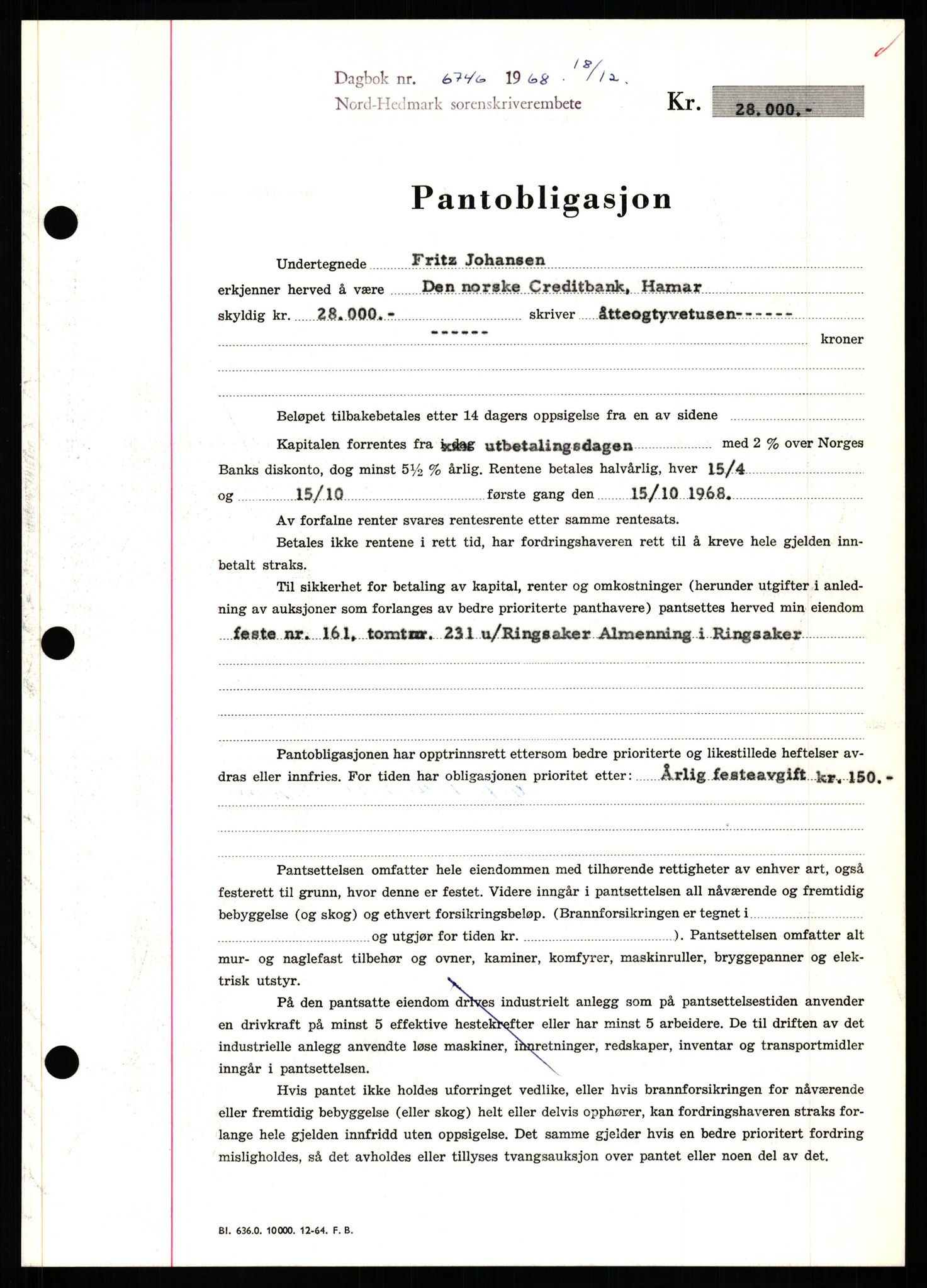 Nord-Hedmark sorenskriveri, SAH/TING-012/H/Hb/Hbf/L0077: Pantebok nr. B77, 1968-1969, Dagboknr: 6746/1968