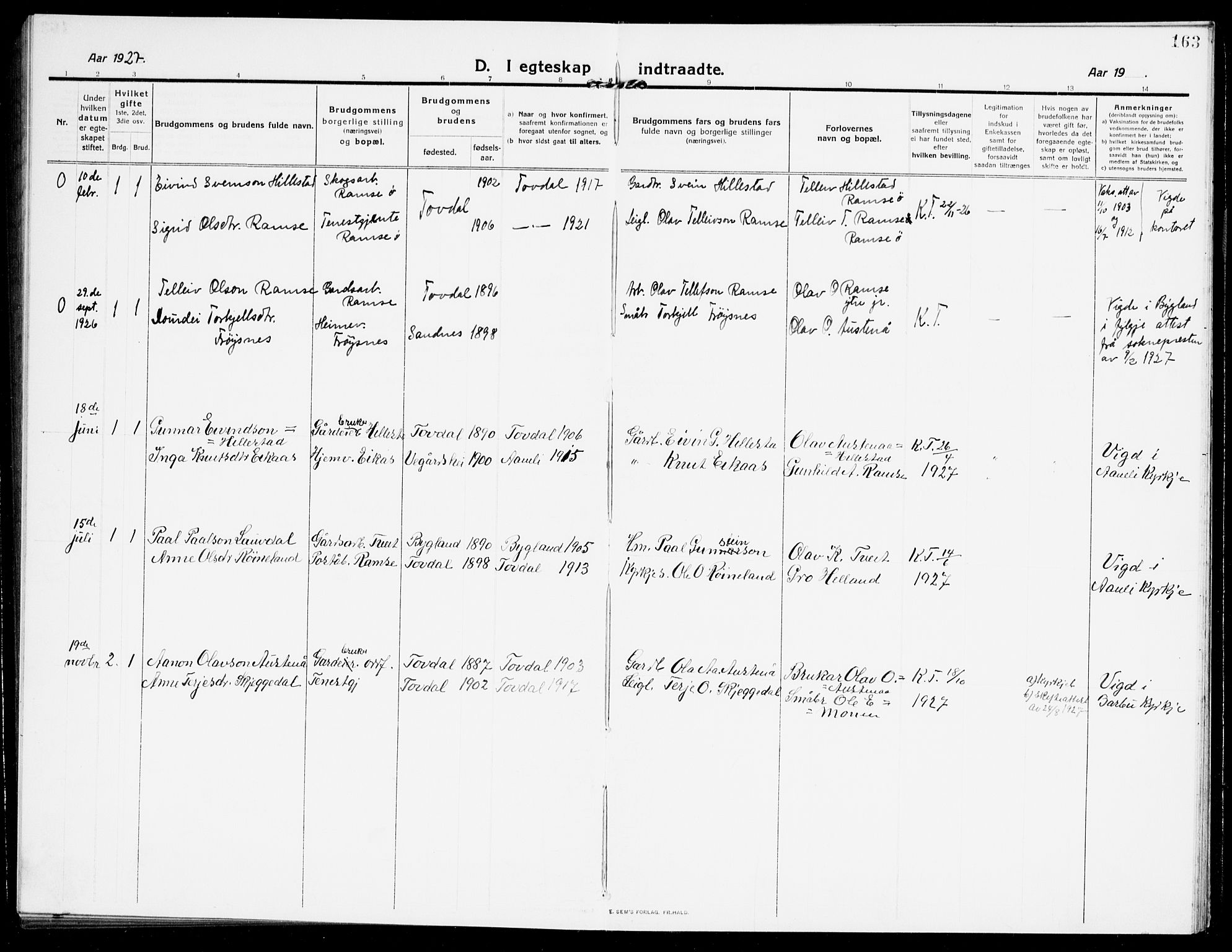 Åmli sokneprestkontor, AV/SAK-1111-0050/F/Fb/Fbb/L0003: Klokkerbok nr. B 3, 1906-1941, s. 163