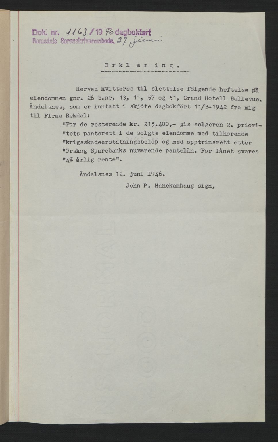 Romsdal sorenskriveri, SAT/A-4149/1/2/2C: Pantebok nr. A12, 1942-1942, Dagboknr: 1163/1942