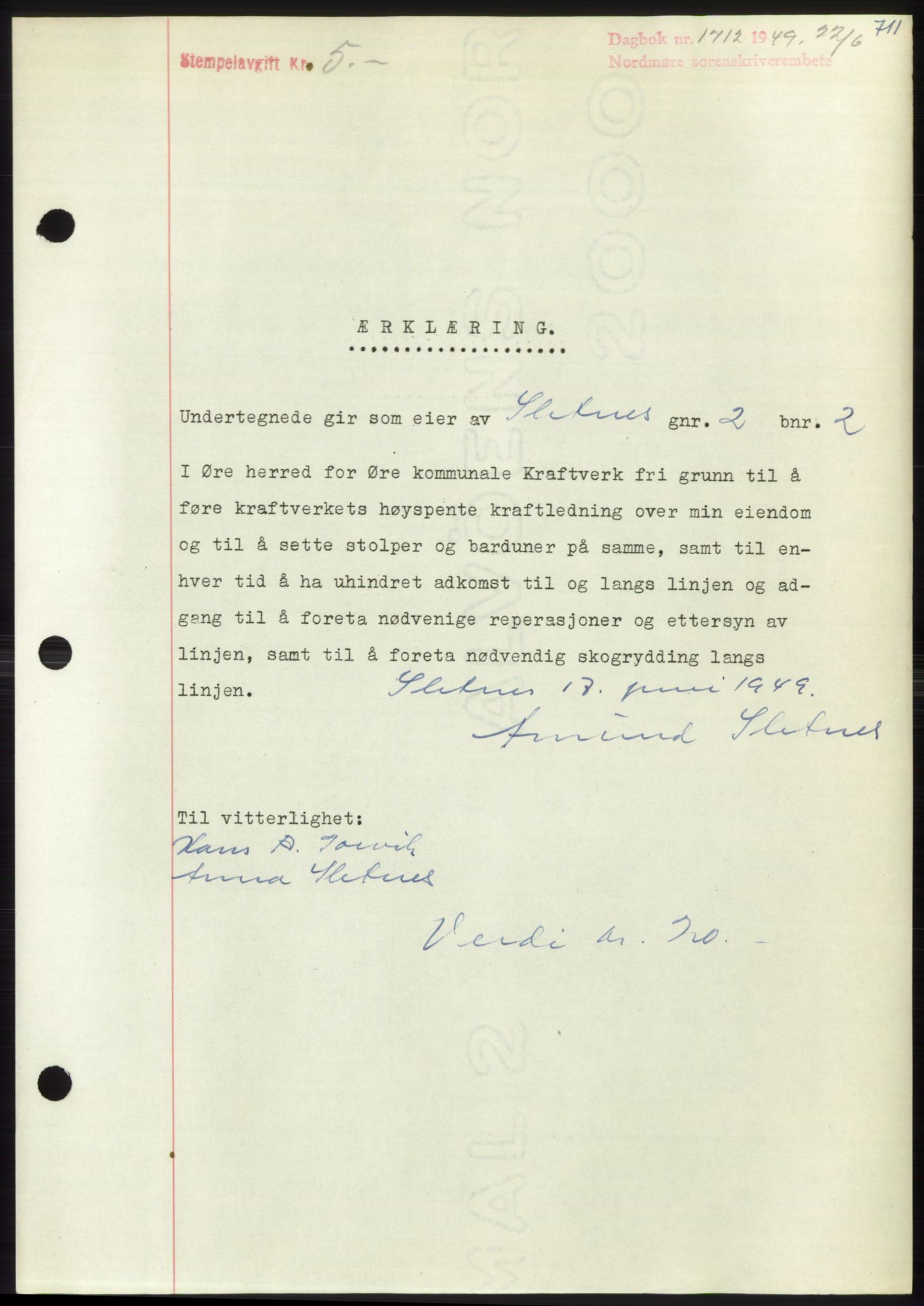 Nordmøre sorenskriveri, SAT/A-4132/1/2/2Ca: Pantebok nr. B101, 1949-1949, Dagboknr: 1712/1949