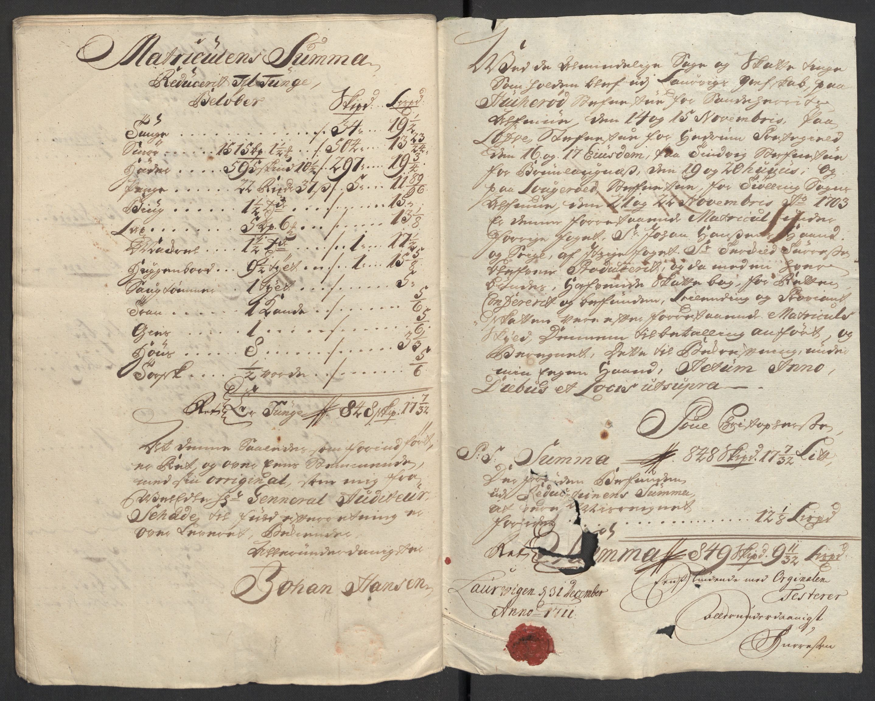 Rentekammeret inntil 1814, Reviderte regnskaper, Fogderegnskap, AV/RA-EA-4092/R33/L1983: Fogderegnskap Larvik grevskap, 1711, s. 46