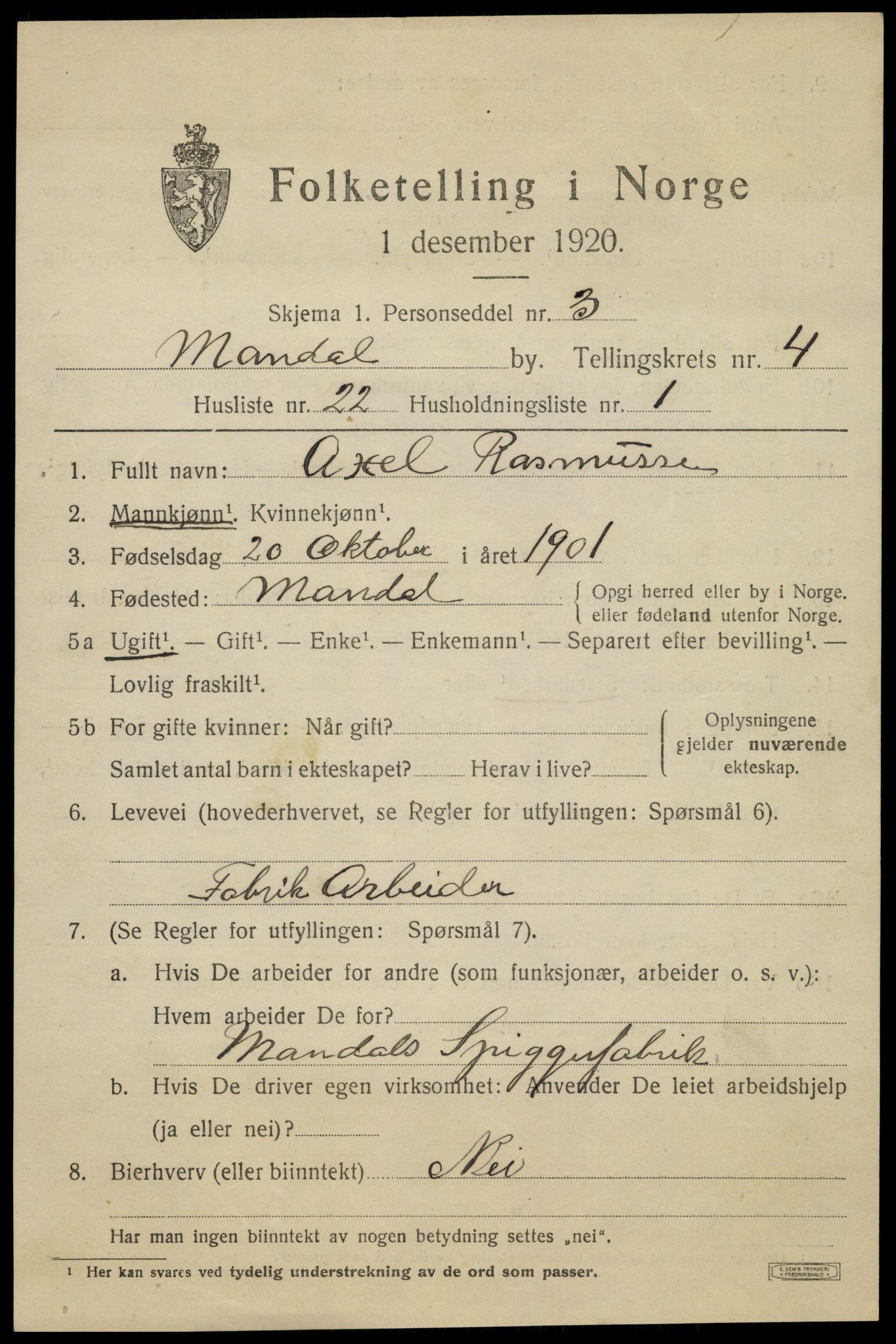 SAK, Folketelling 1920 for 1002 Mandal ladested, 1920, s. 7245
