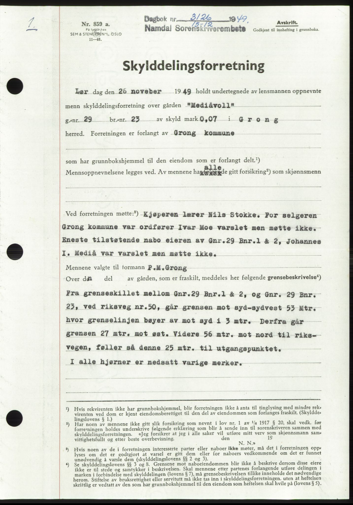 Namdal sorenskriveri, SAT/A-4133/1/2/2C: Pantebok nr. -, 1949-1949, Dagboknr: 3126/1949