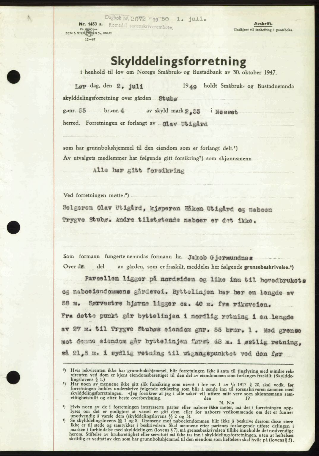 Romsdal sorenskriveri, SAT/A-4149/1/2/2C: Pantebok nr. A33, 1950-1950, Dagboknr: 2072/1950