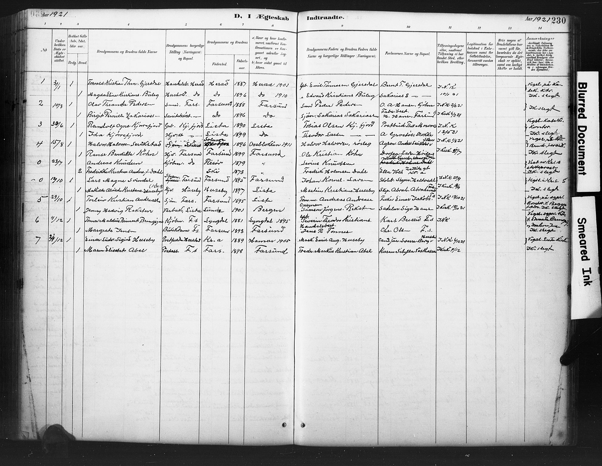Farsund sokneprestkontor, SAK/1111-0009/F/Fb/L0001: Klokkerbok nr. B 1, 1886-1931, s. 230