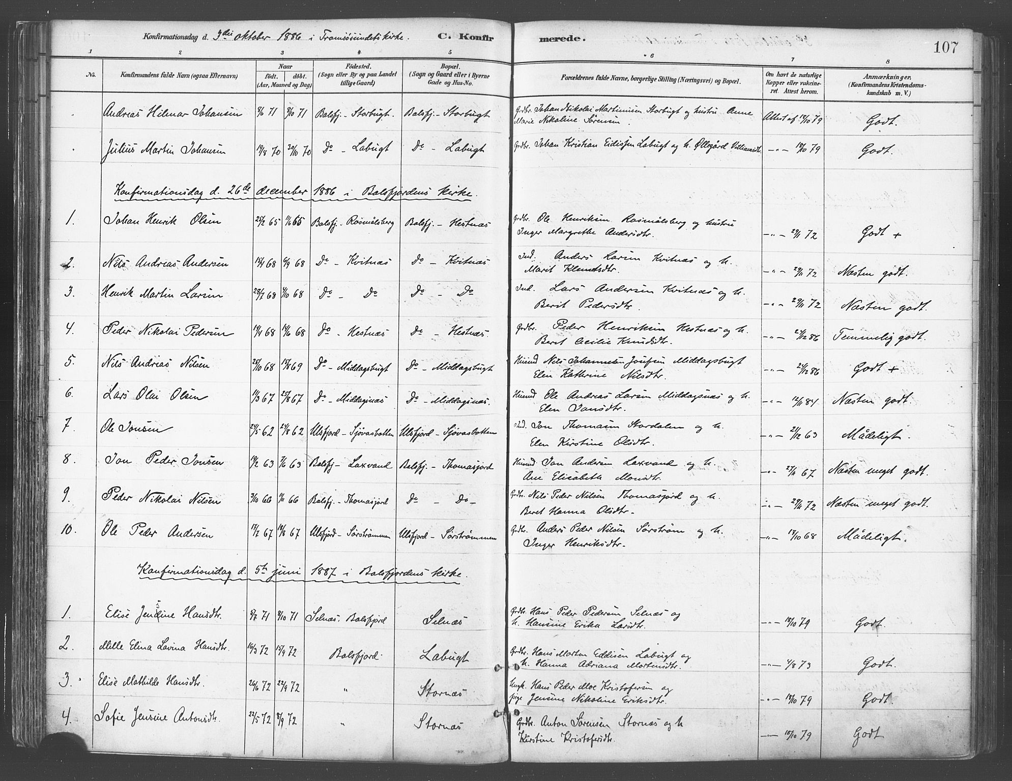 Balsfjord sokneprestembete, AV/SATØ-S-1303/G/Gaa/L0005kirke: Ministerialbok nr. 5, 1884-1897, s. 107