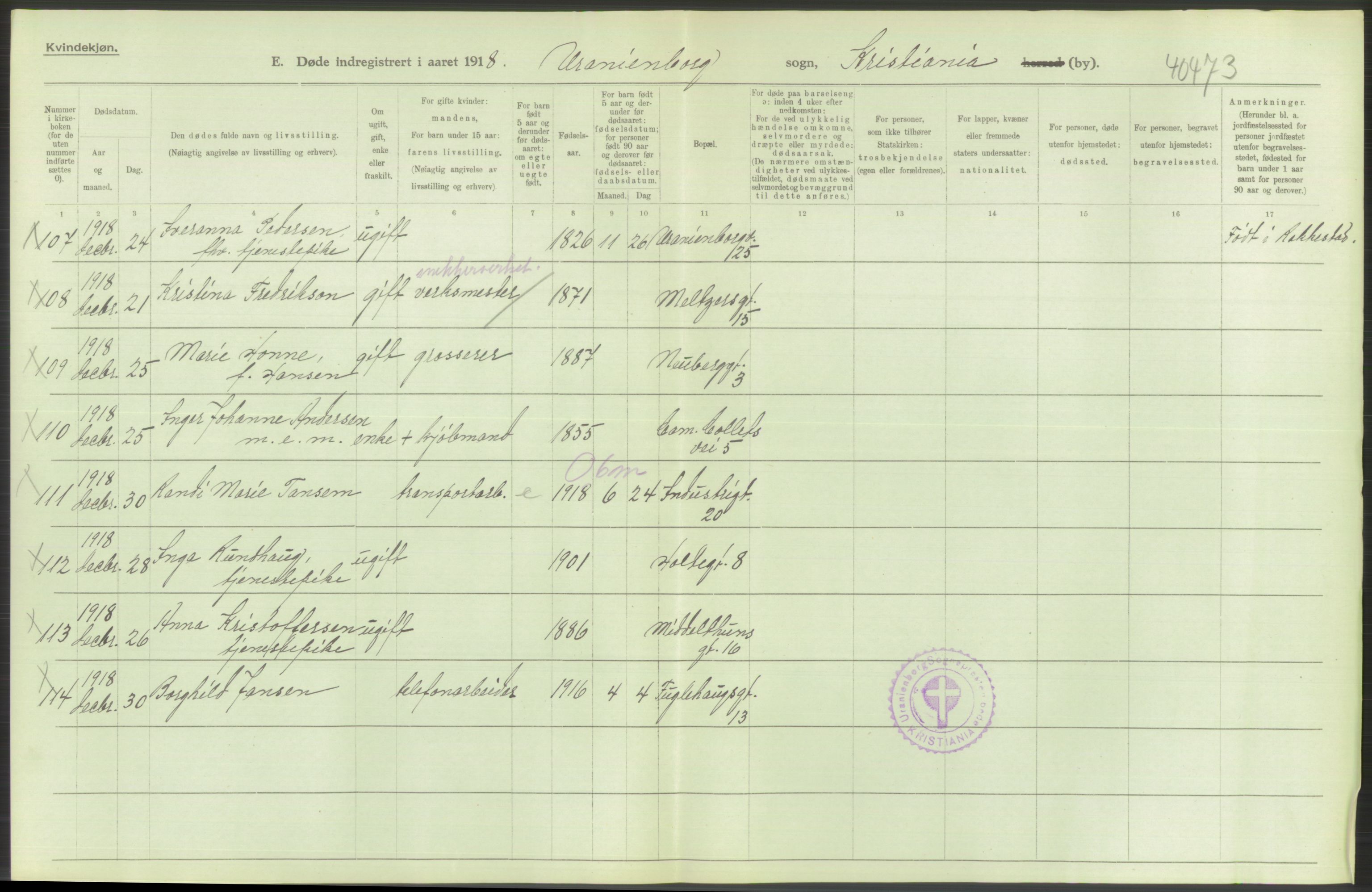 Statistisk sentralbyrå, Sosiodemografiske emner, Befolkning, RA/S-2228/D/Df/Dfb/Dfbh/L0010: Kristiania: Døde, 1918, s. 240