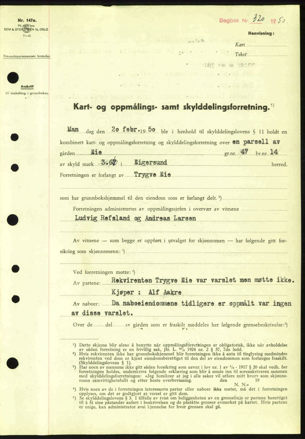 Dalane sorenskriveri, SAST/A-100309/02/G/Gb/L0054: Pantebok nr. A14, 1949-1950, Dagboknr: 320/1950