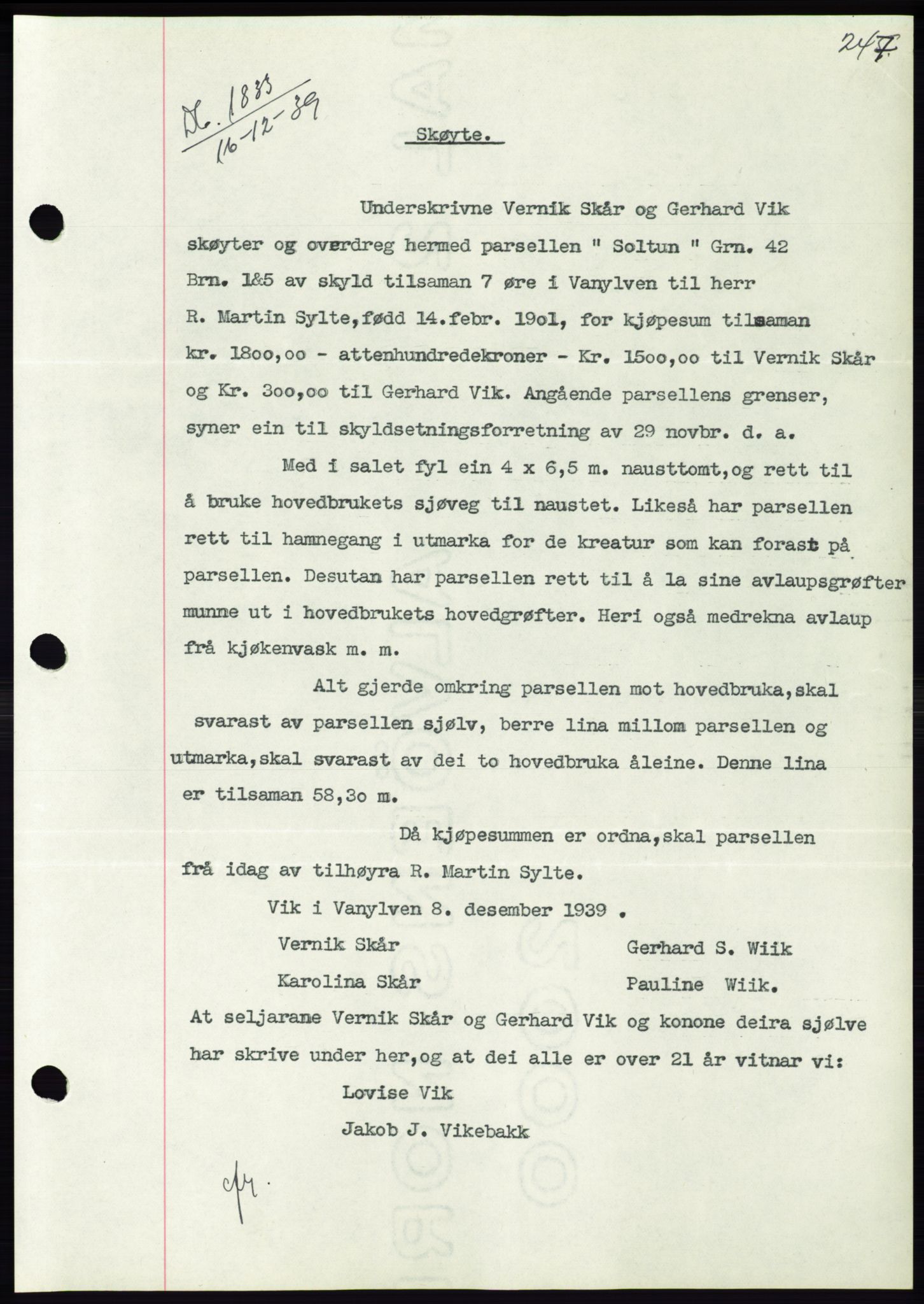 Søre Sunnmøre sorenskriveri, SAT/A-4122/1/2/2C/L0069: Pantebok nr. 63, 1939-1940, Dagboknr: 1833/1939
