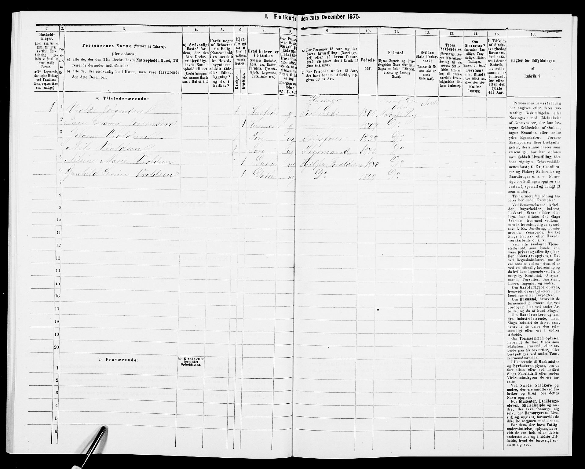 SAK, Folketelling 1875 for 0918P Austre Moland prestegjeld, 1875, s. 2312