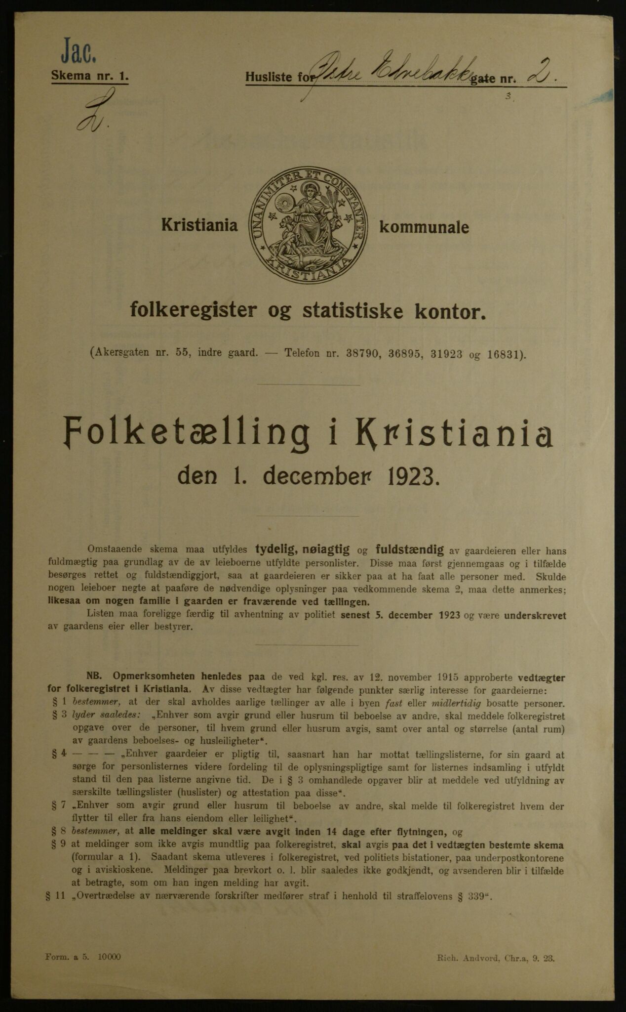 OBA, Kommunal folketelling 1.12.1923 for Kristiania, 1923, s. 142721