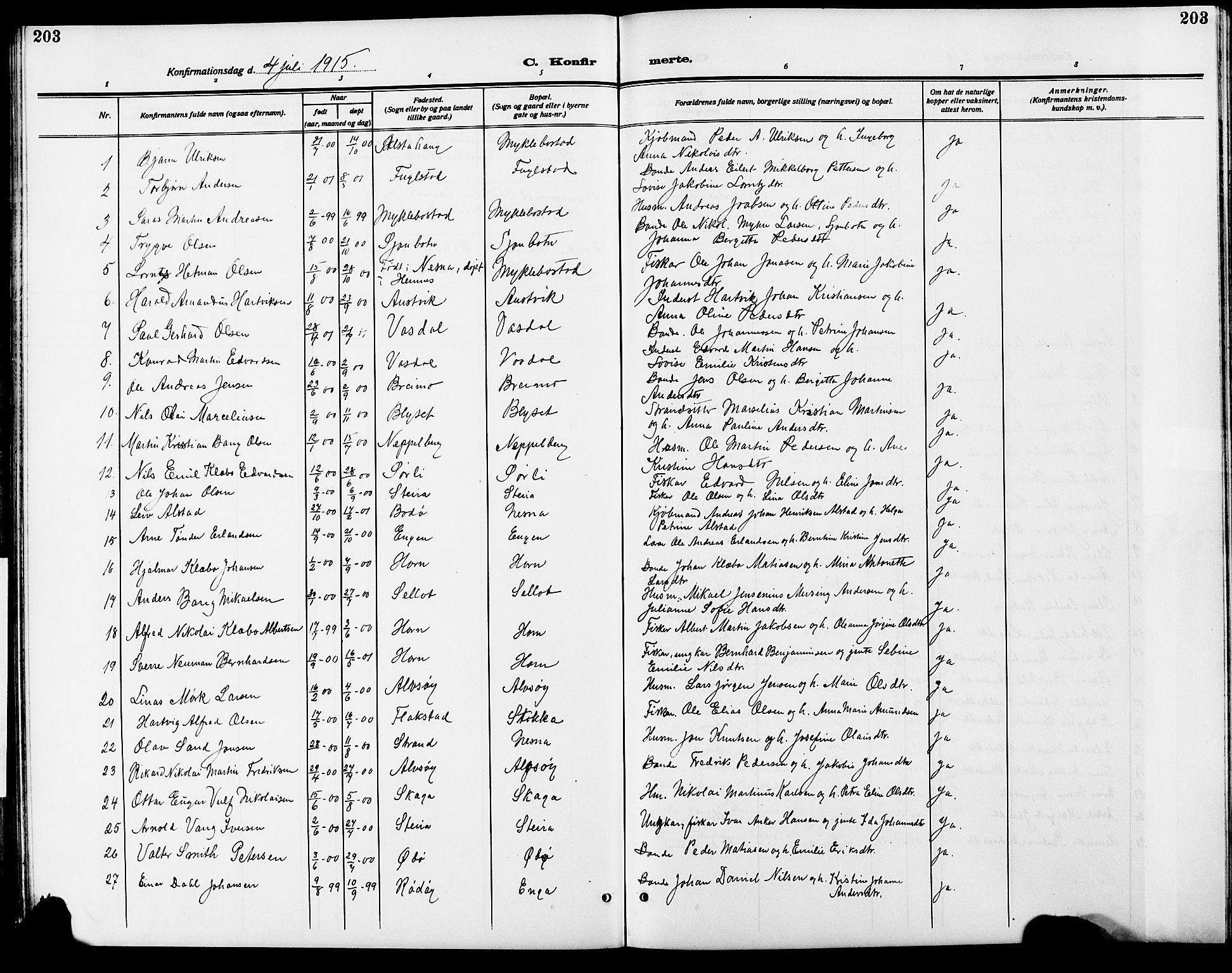Ministerialprotokoller, klokkerbøker og fødselsregistre - Nordland, AV/SAT-A-1459/838/L0560: Klokkerbok nr. 838C07, 1910-1928, s. 203